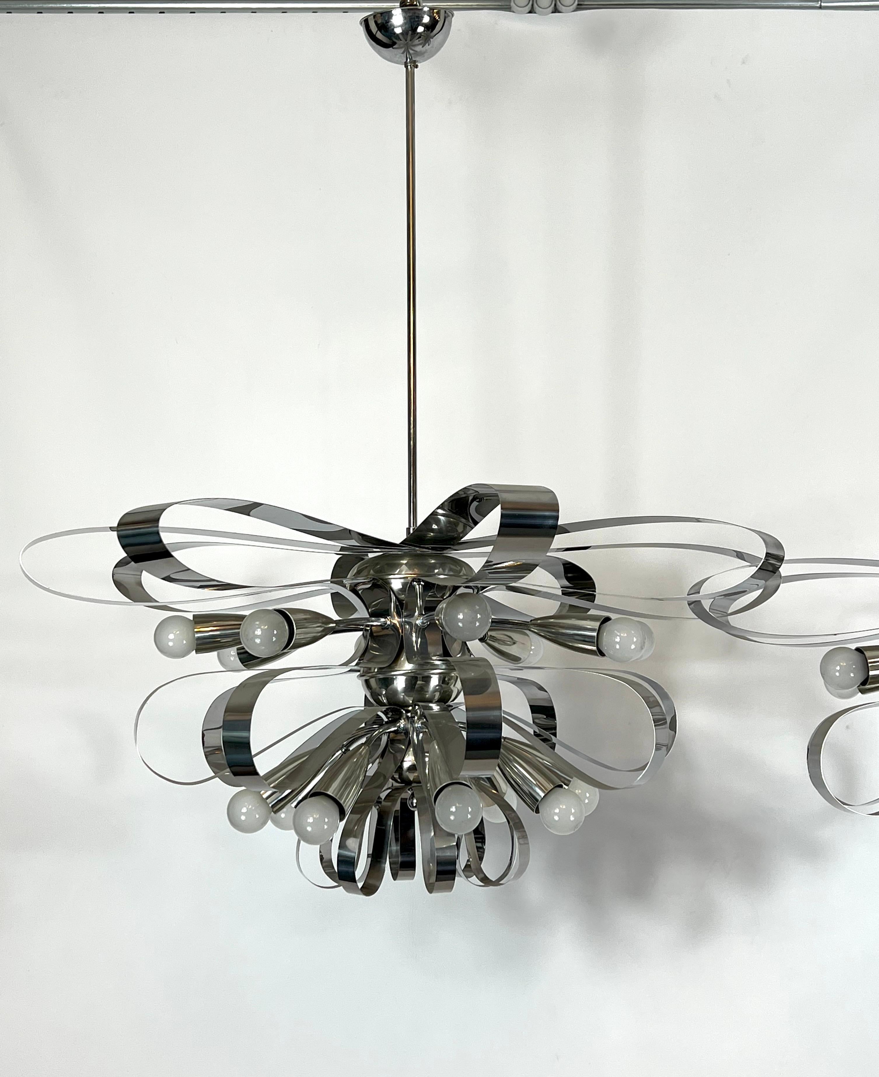 Mid-Century Modern Mid-Century Pair of Large Italian Chrome Chandeliers from 70s For Sale