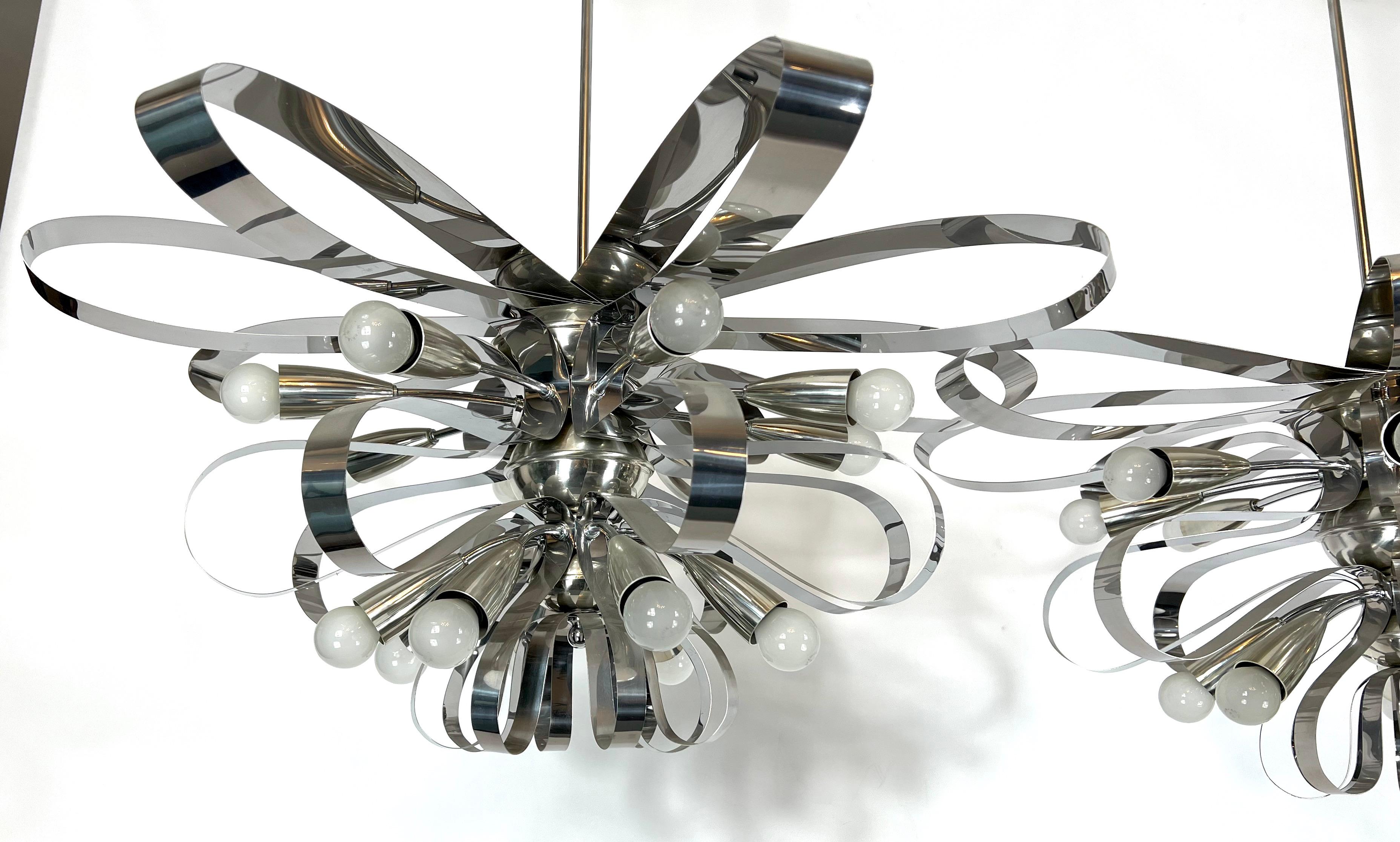 20th Century Mid-Century Pair of Large Italian Chrome Chandeliers from 70s For Sale