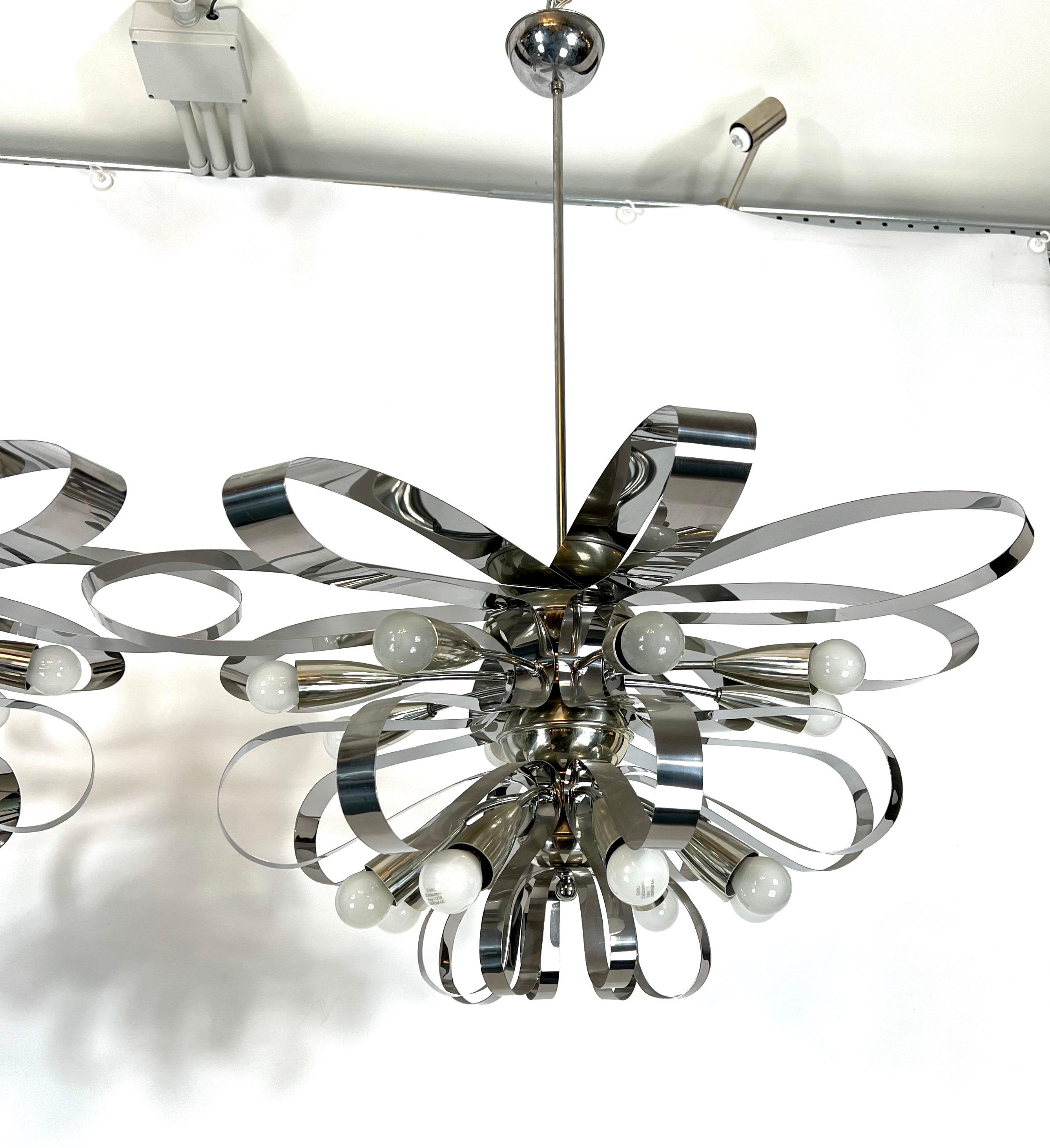 Mid-Century Pair of Large Italian Chrome Chandeliers from 70s For Sale 2