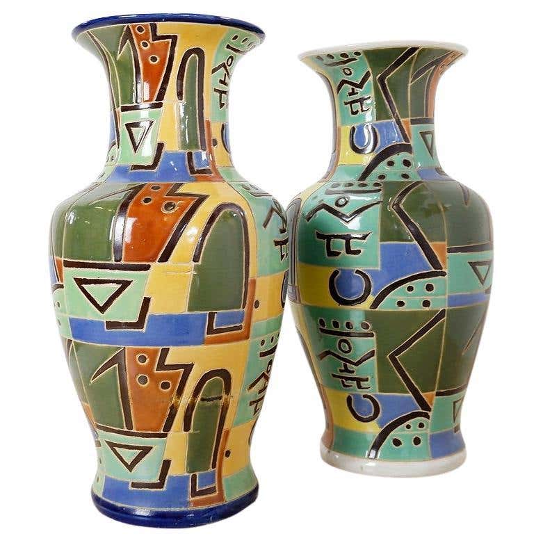 Mid-Century "Pair" of large polychrome enameled ceramic vases For Sale ...
