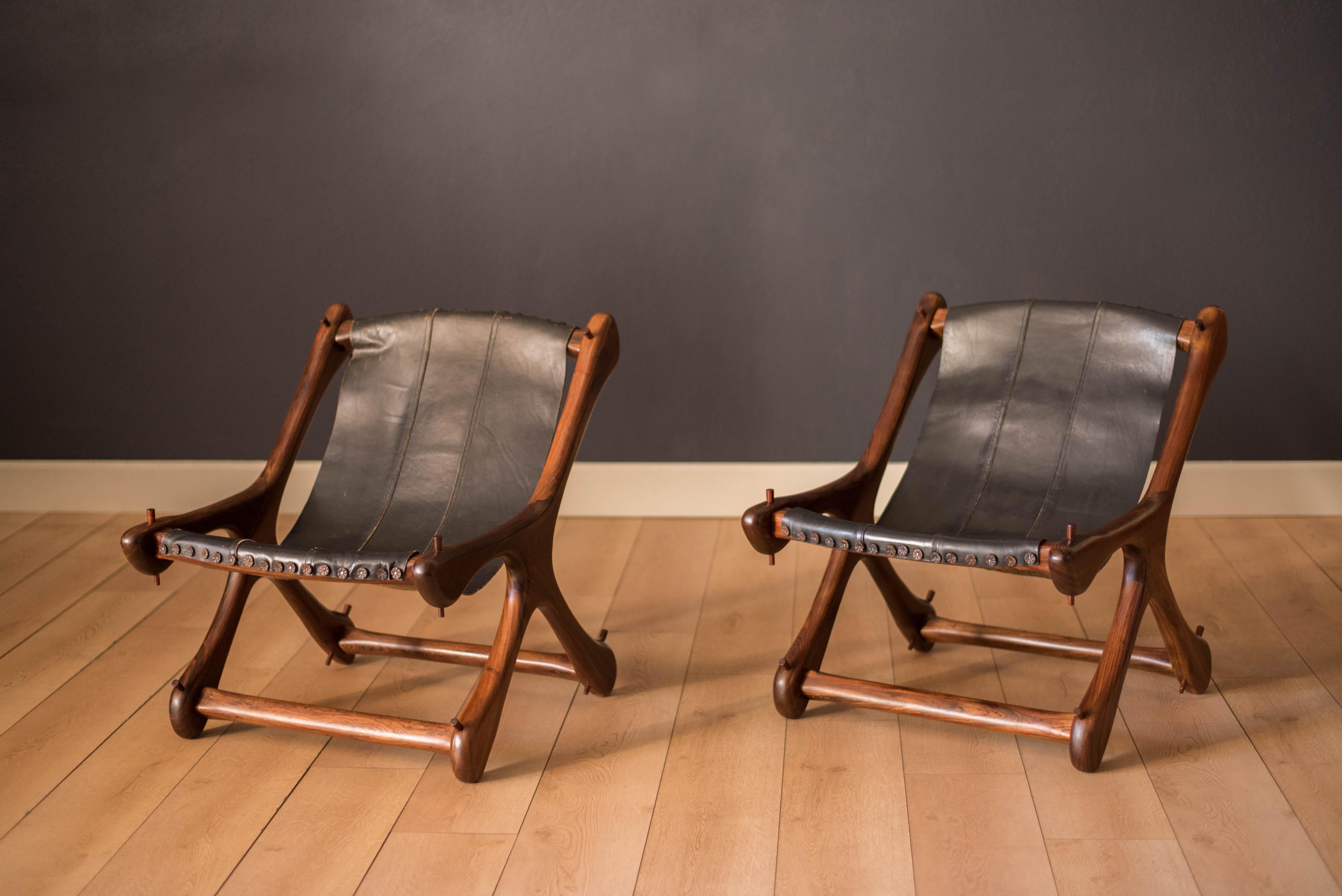 Mid Century Pair of Leather Cocobolo Rosewood Sling Chairs by Don Shoemaker 2