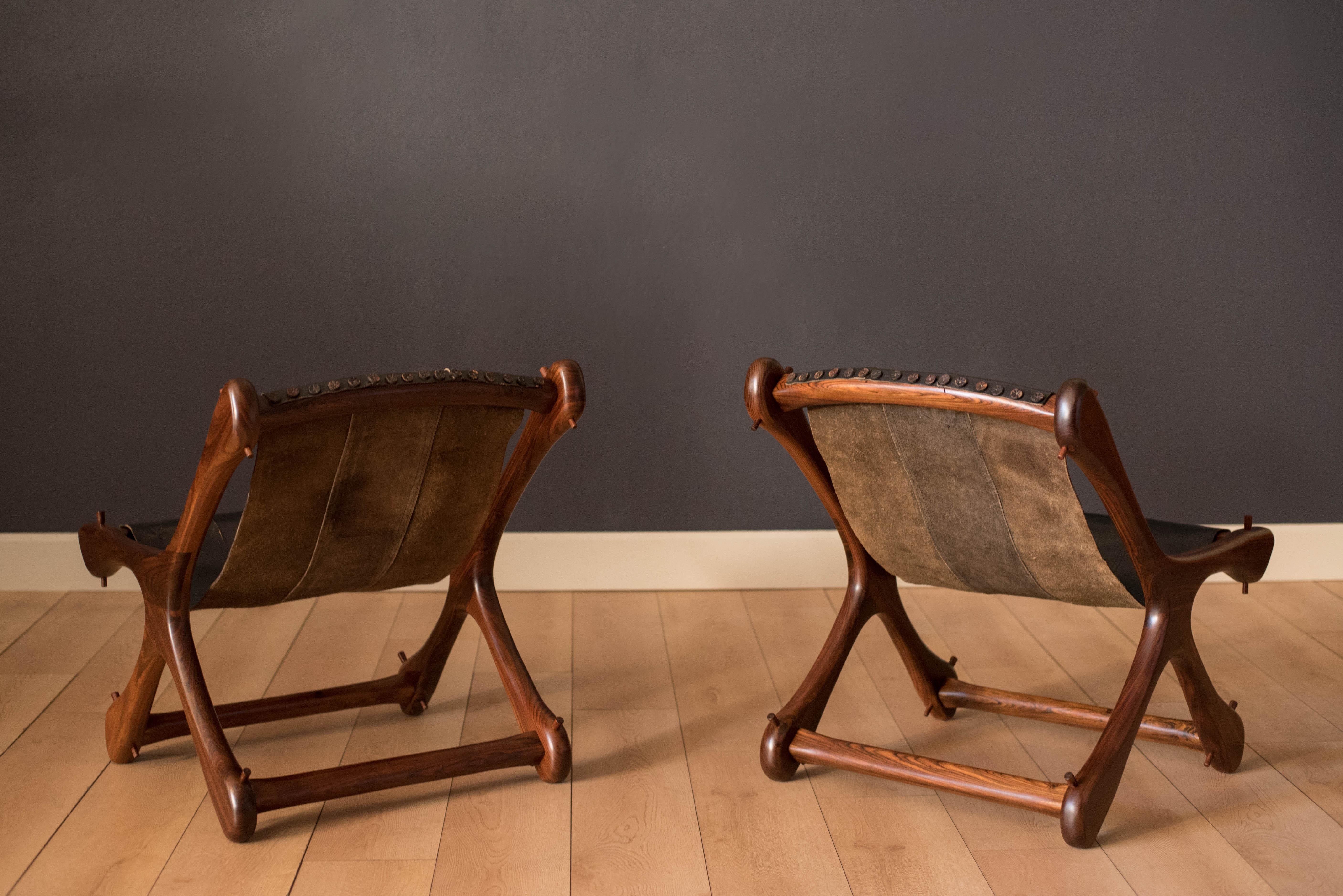 Mid Century Pair of Leather Cocobolo Rosewood Sling Chairs by Don Shoemaker 3