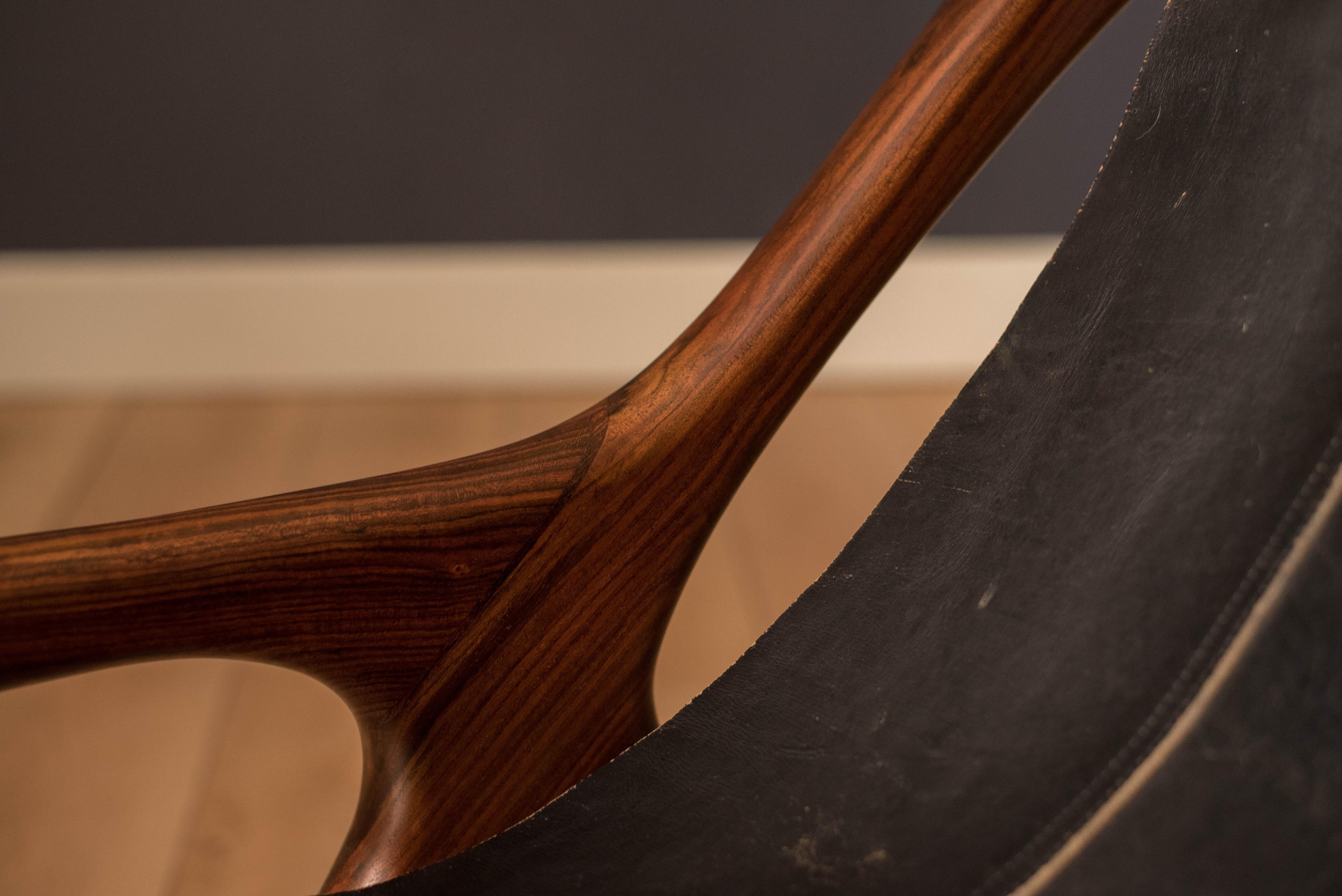 Mid Century Pair of Leather Cocobolo Rosewood Sling Chairs by Don Shoemaker 5