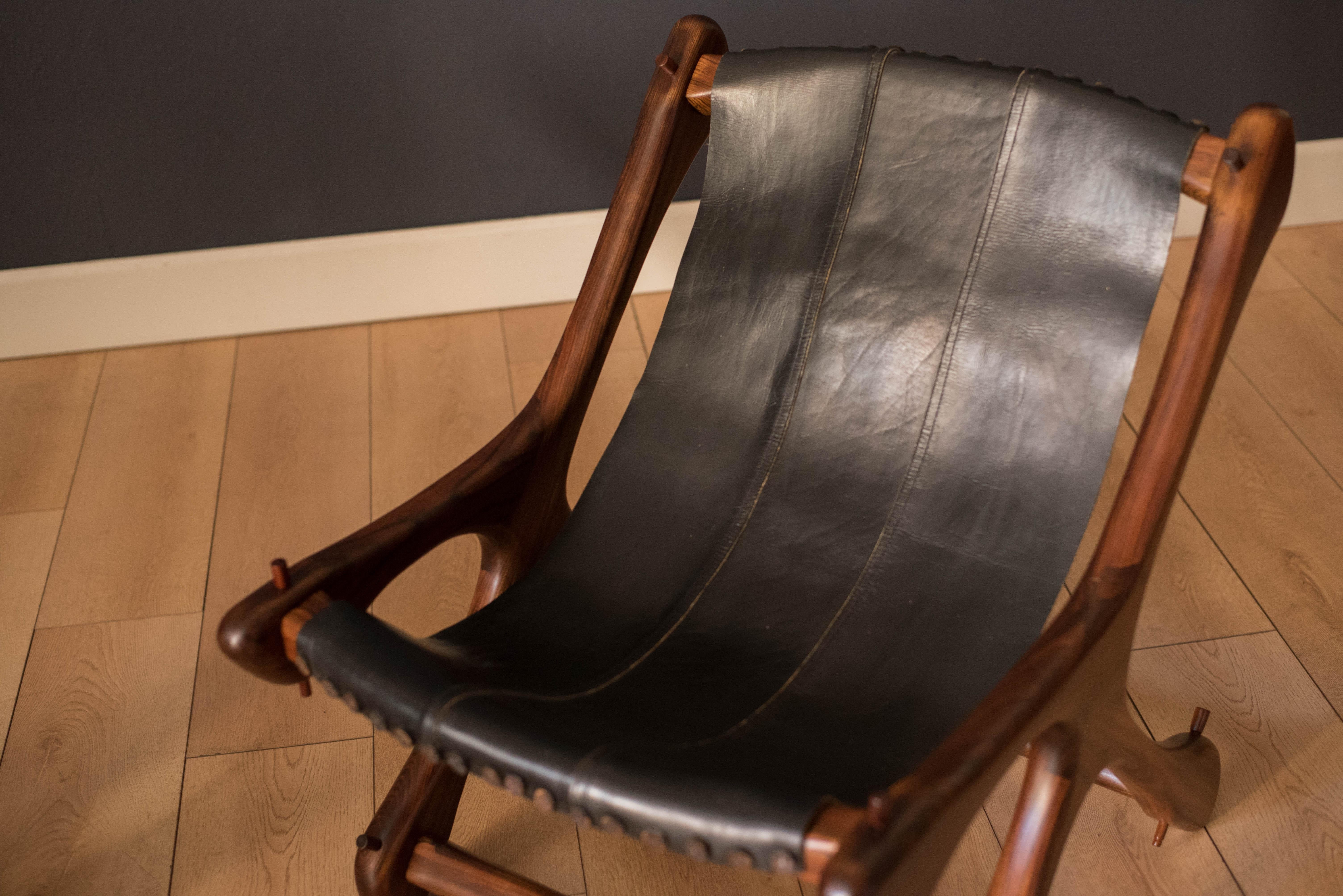 Mid Century Pair of Leather Cocobolo Rosewood Sling Chairs by Don Shoemaker 1