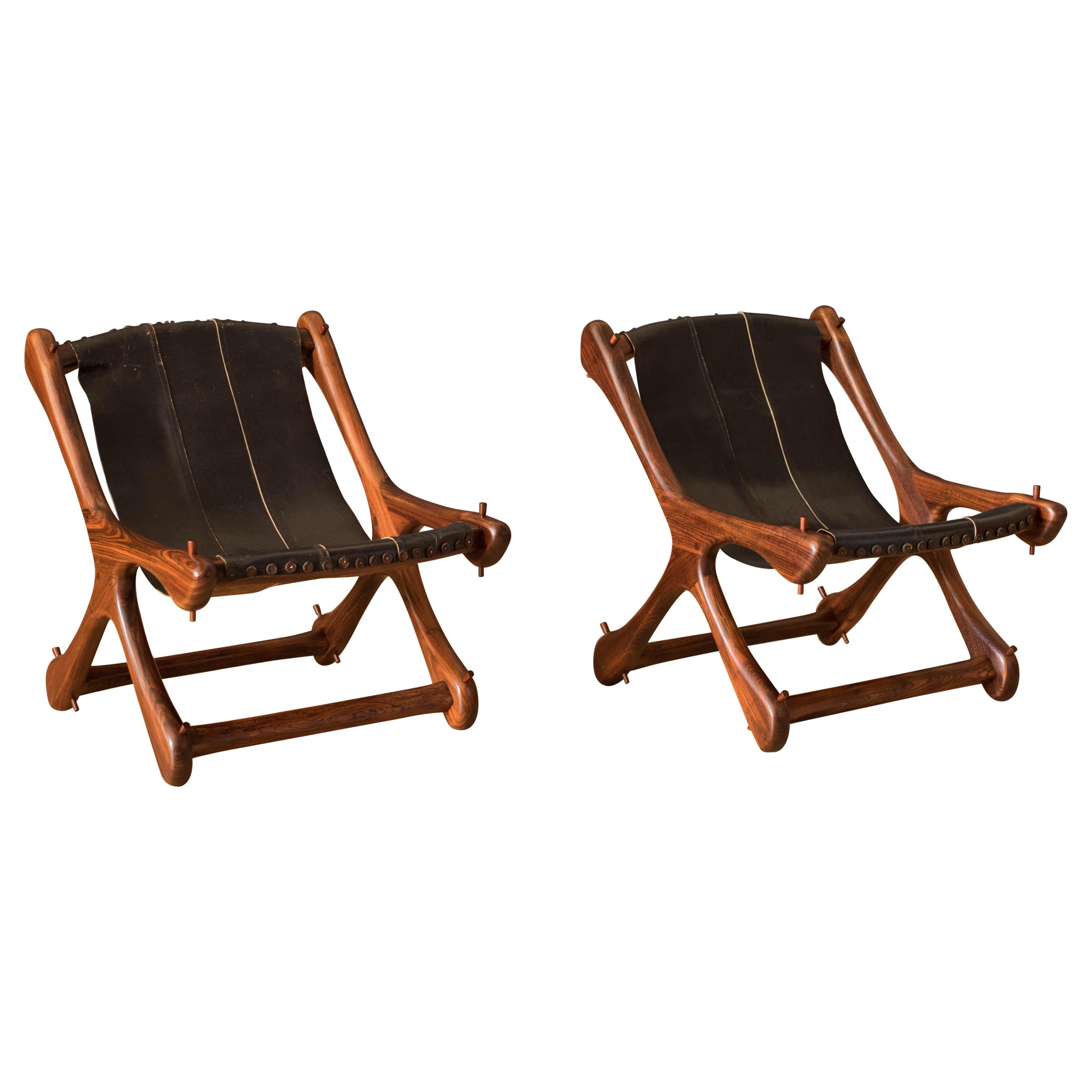 Mid Century Pair of Leather Cocobolo Rosewood Sling Chairs by Don Shoemaker