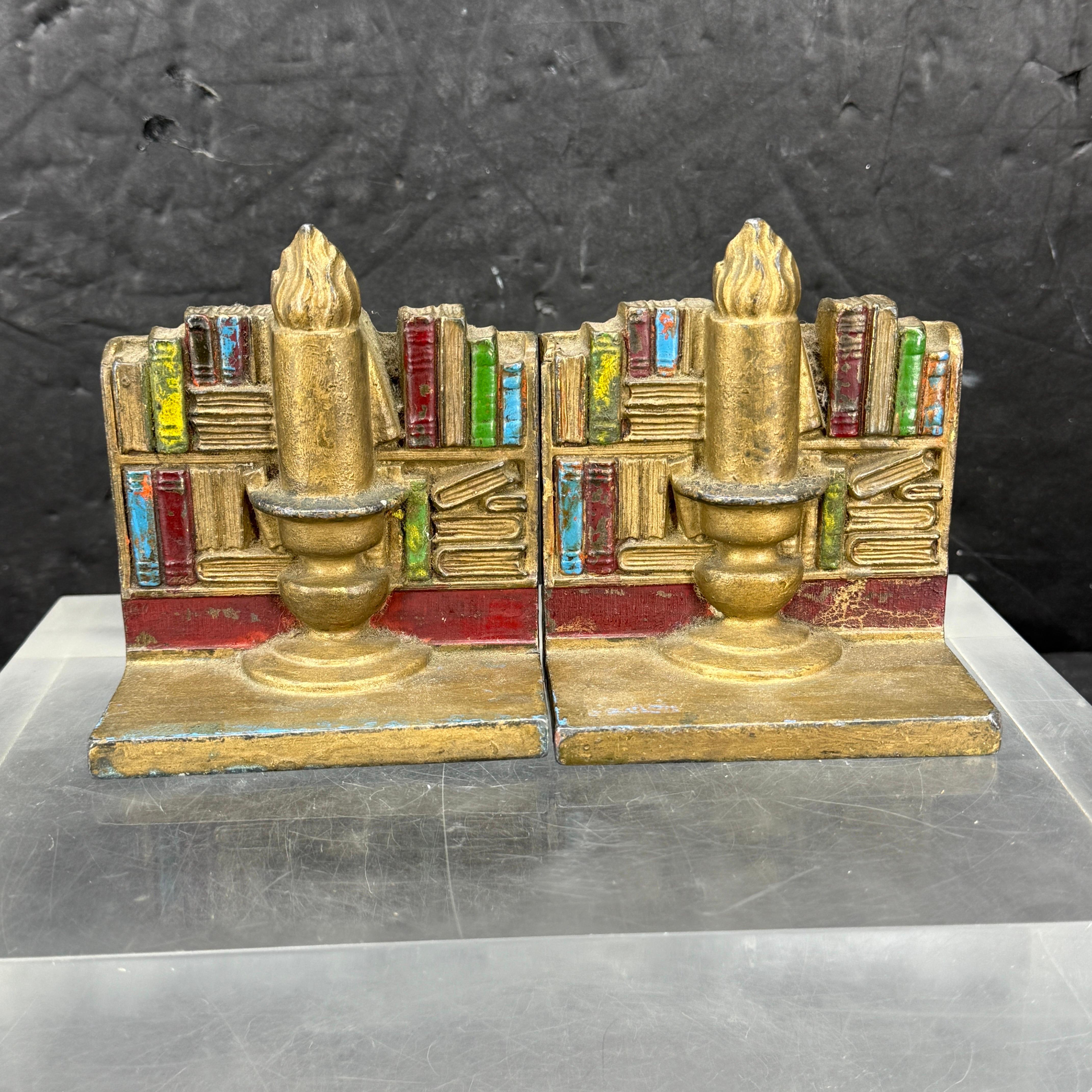Mid-Century Pair of Library Bookends with Books and Candle For Sale 3