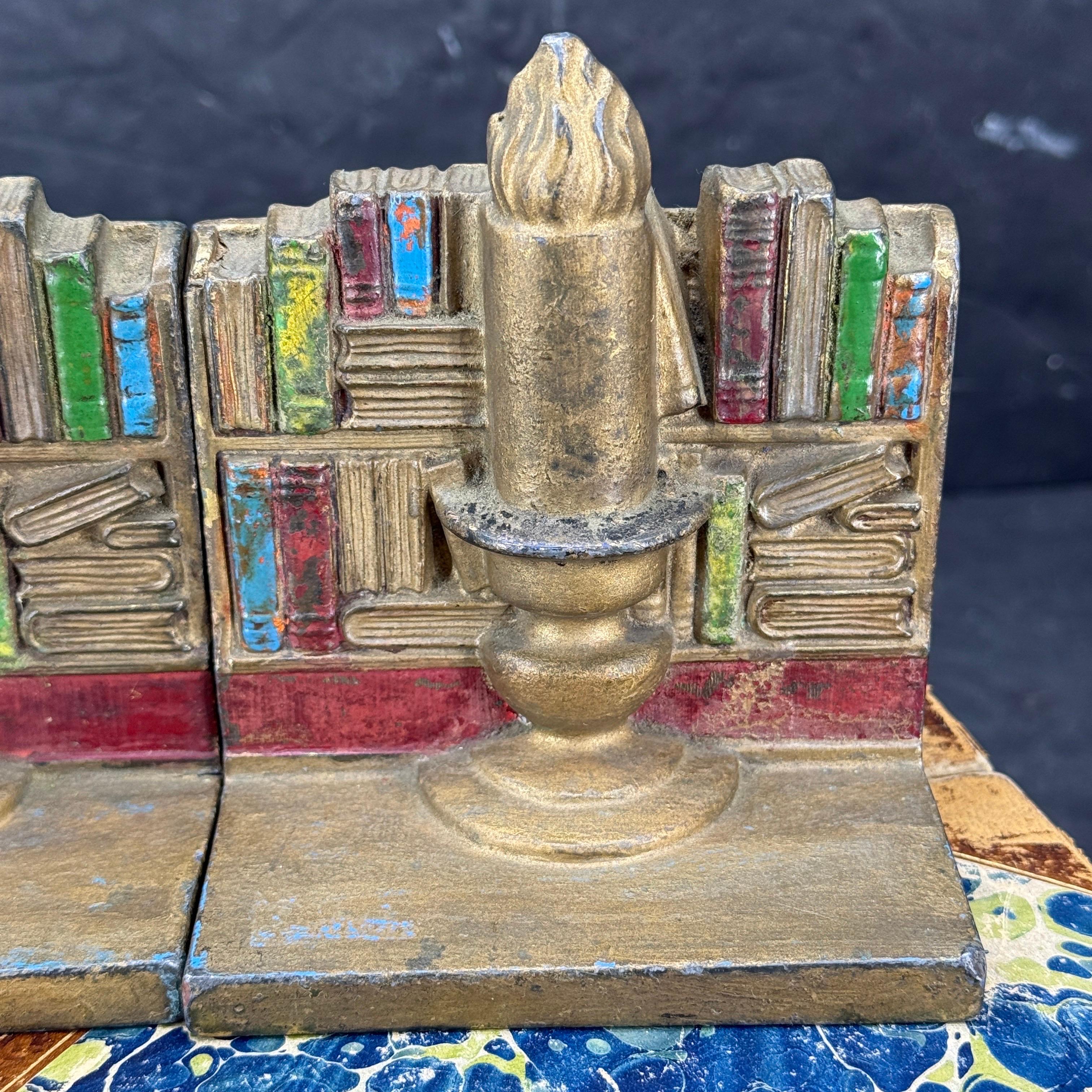 Mid-Century Pair of Library Bookends with Books and Candle For Sale 6