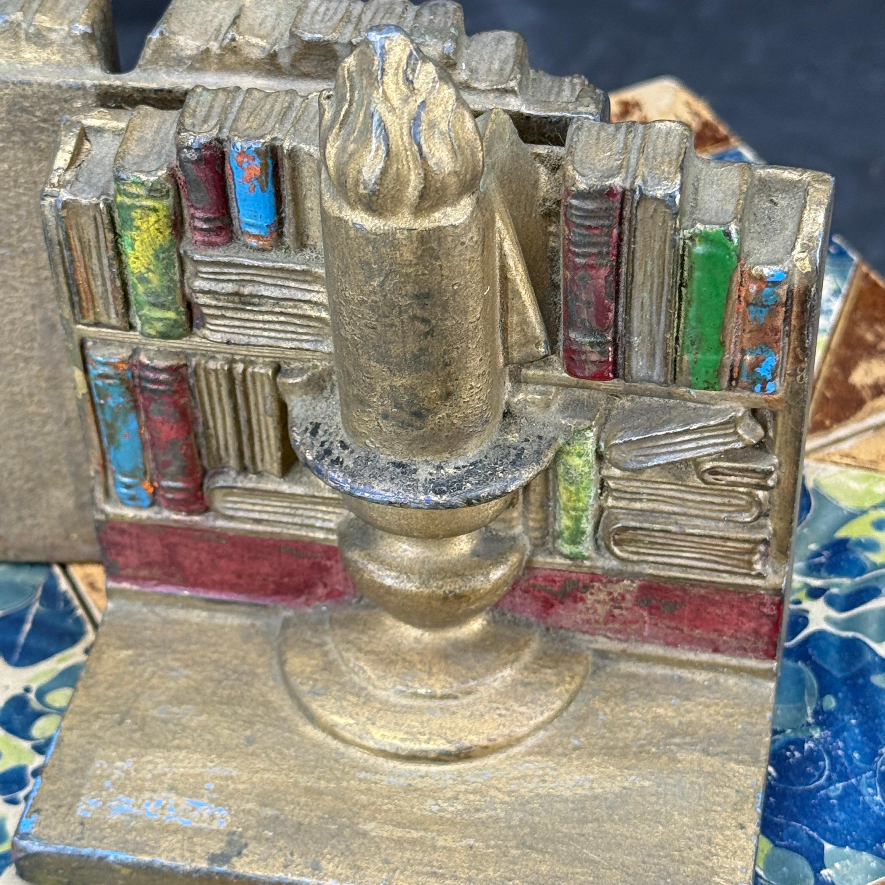 Mid-Century Pair of Library Bookends with Books and Candle For Sale 7