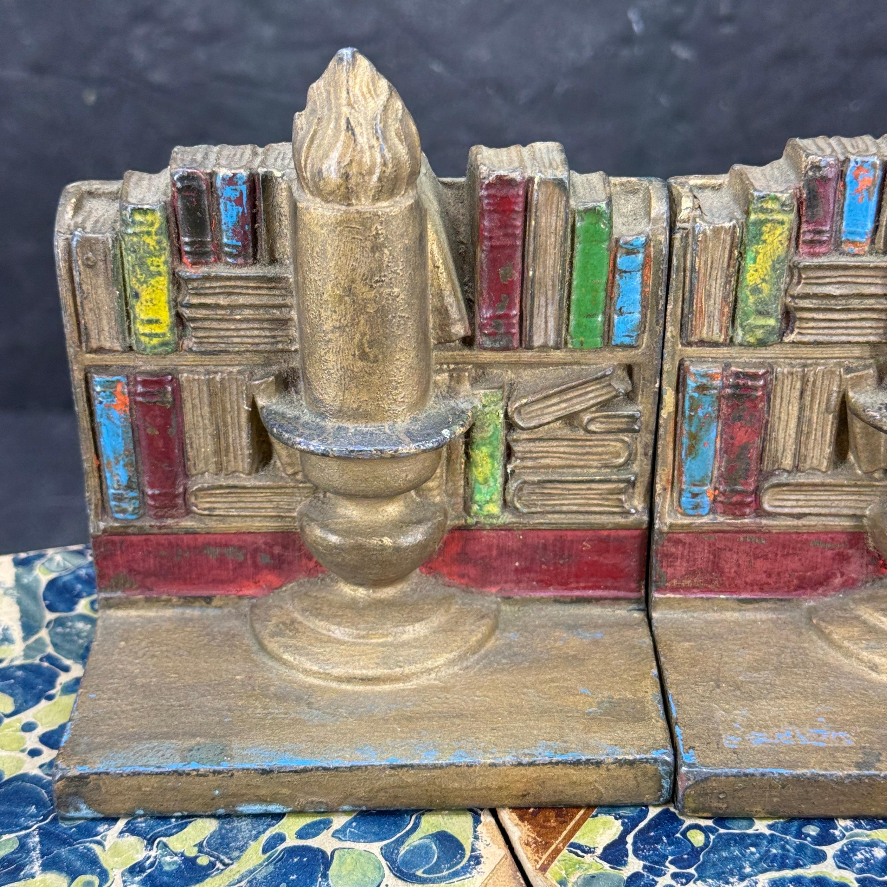 Mid-Century Pair of Library Bookends with Books and Candle For Sale 8