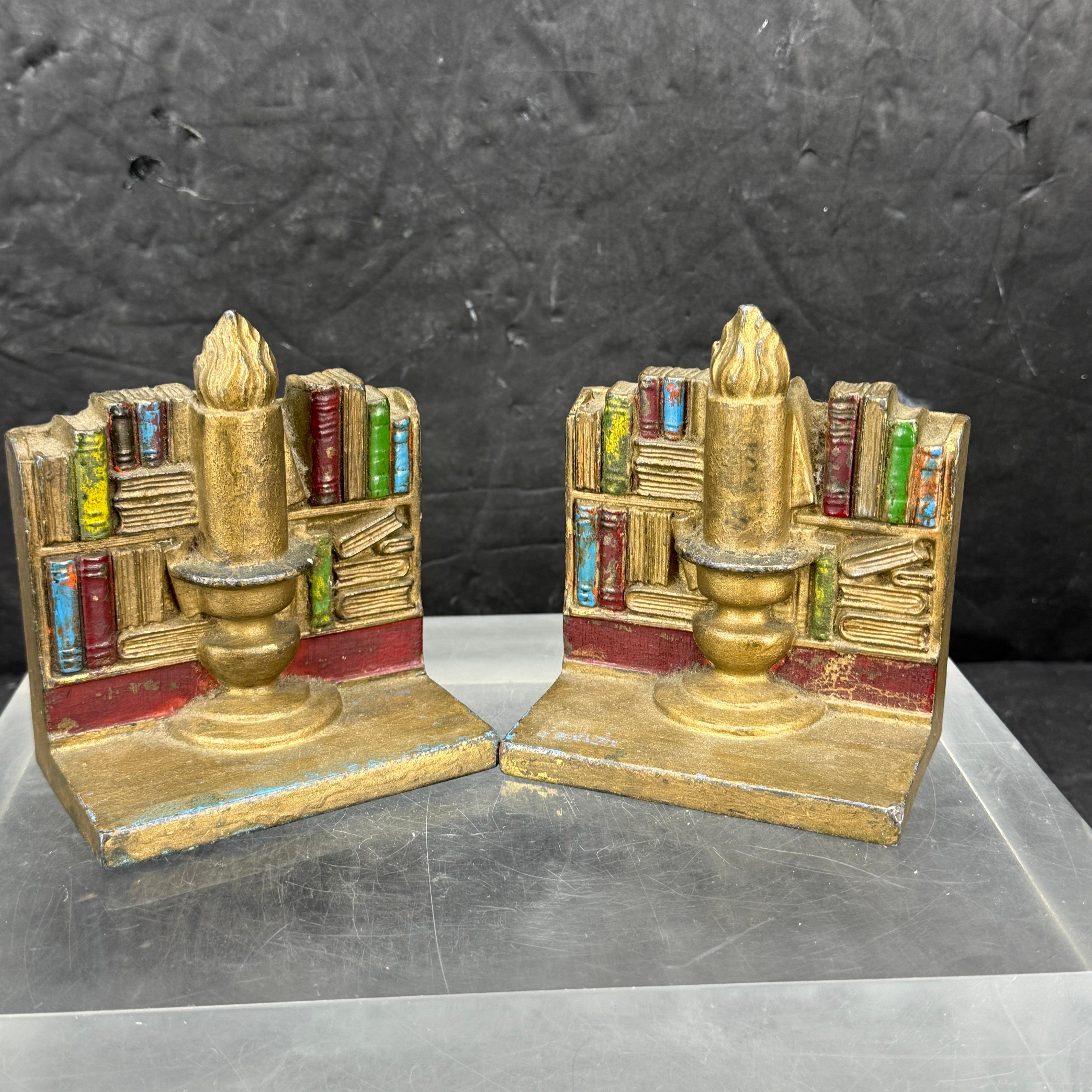 Mid-Century Pair of Library Bookends with Books and Candle In Good Condition For Sale In Haddonfield, NJ