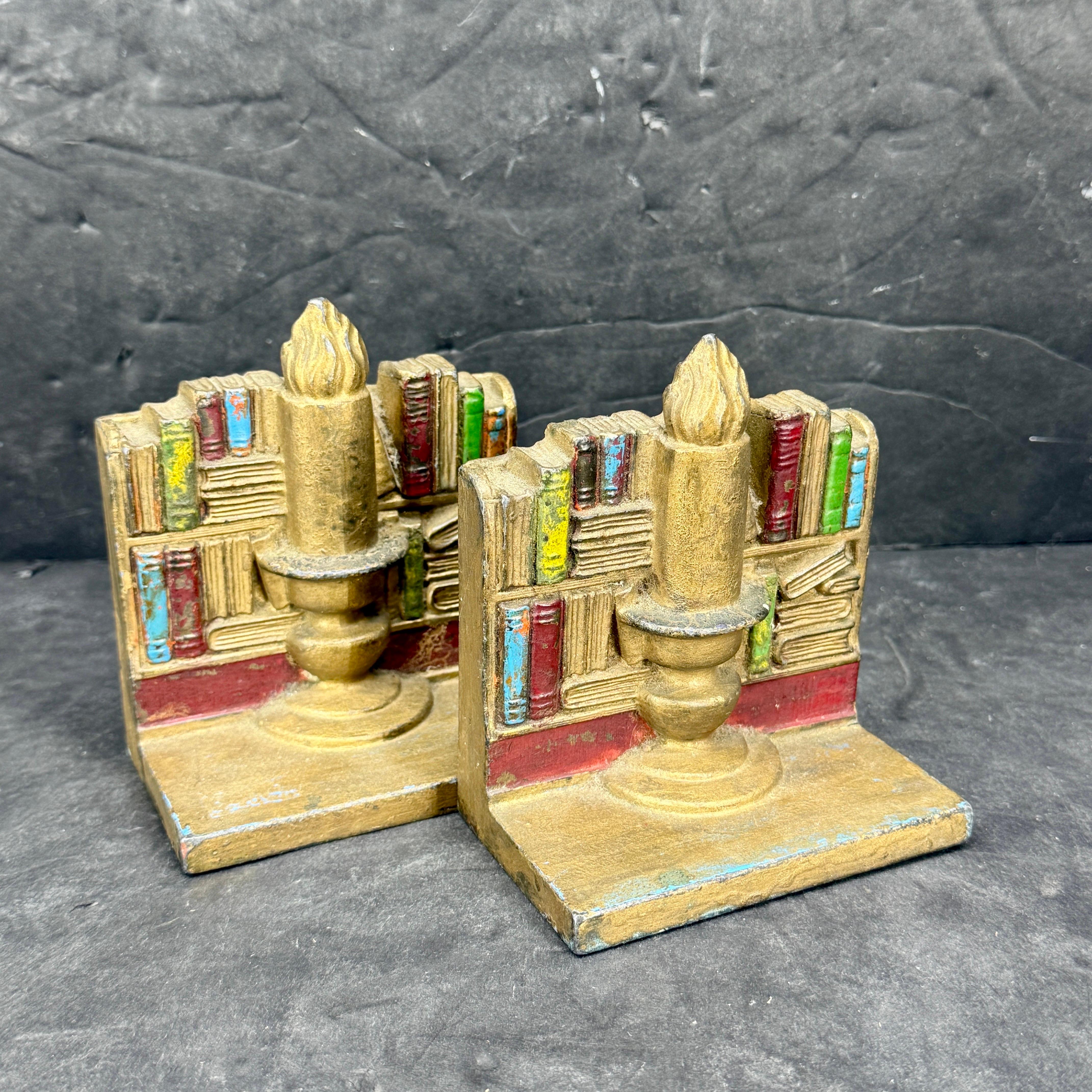 Iron Mid-Century Pair of Library Bookends with Books and Candle For Sale