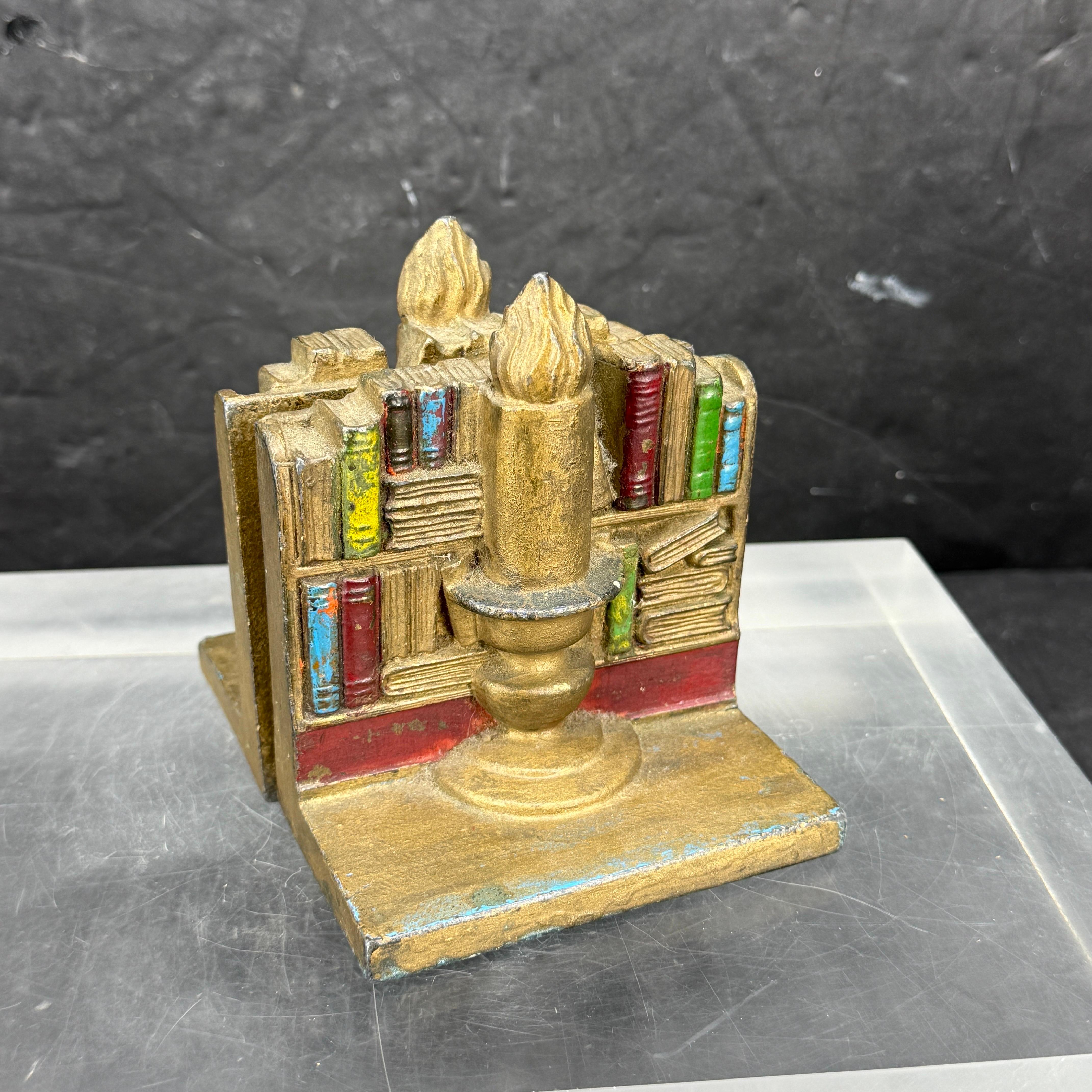 Mid-Century Pair of Library Bookends with Books and Candle For Sale 2