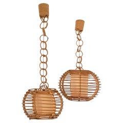 Mid-Century Globe Pendant Lamps by Louis Sognot, Bamboo & Rattan