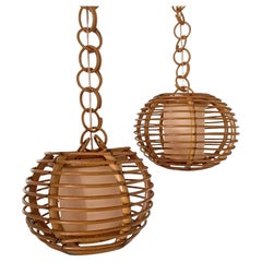 Mid-Century Pair of Louis Sognot Bamboo and Rattan Globe Pendant Lamps, 1960s