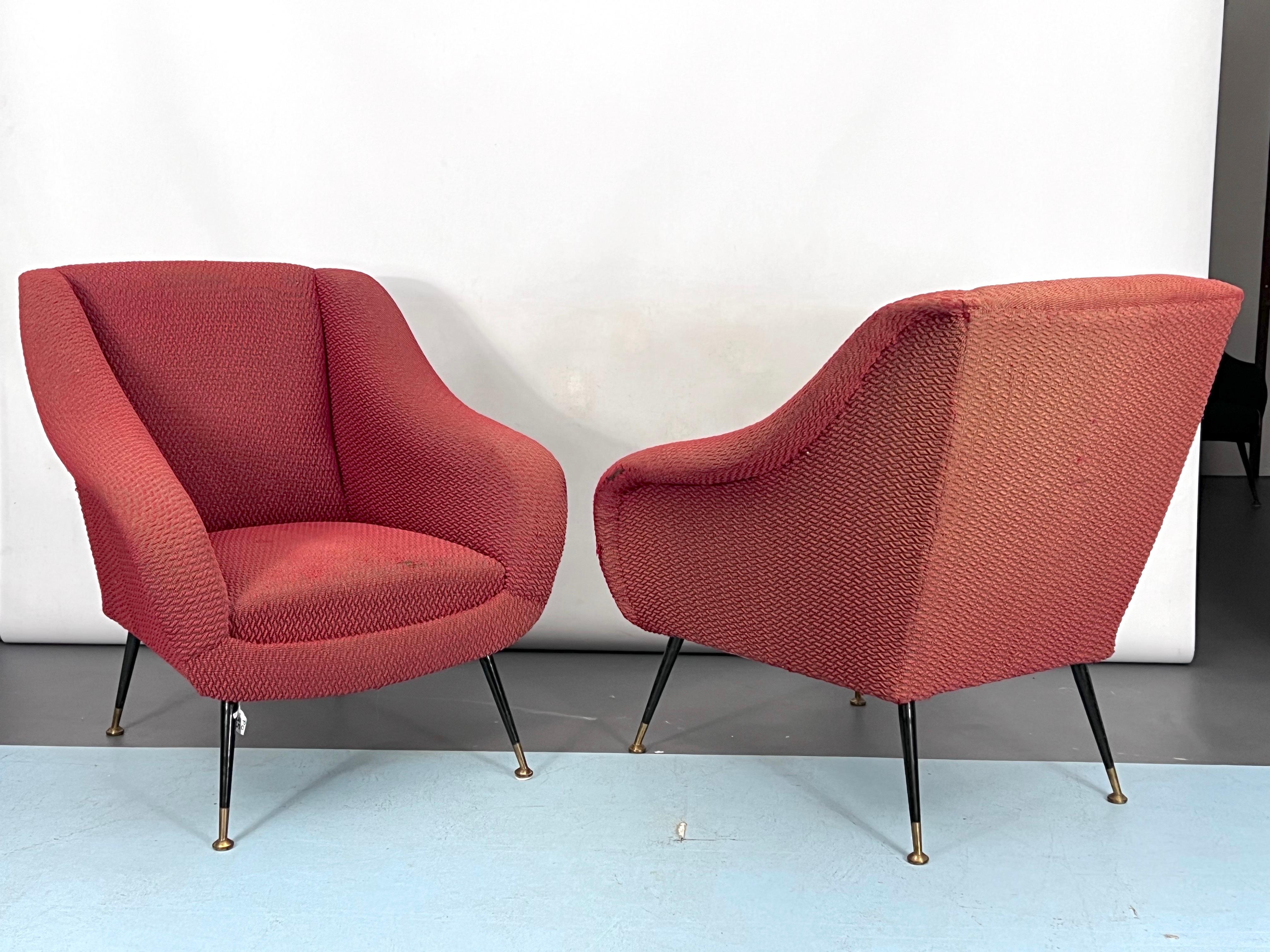 Brass Mid-Century Pair of Lounge Chairs by Gigi Radice for Minotti, Italy, 1950s For Sale