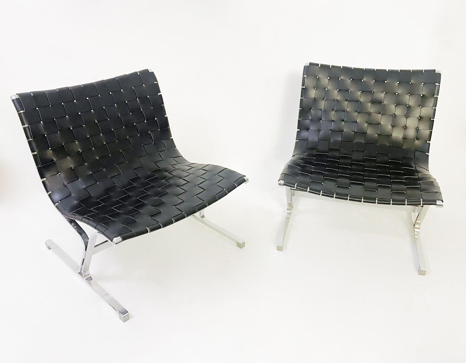 Mid-Century Pair of Lounge Chairs by Ross Littell for ICF, Black Leather, Italy, 1970s