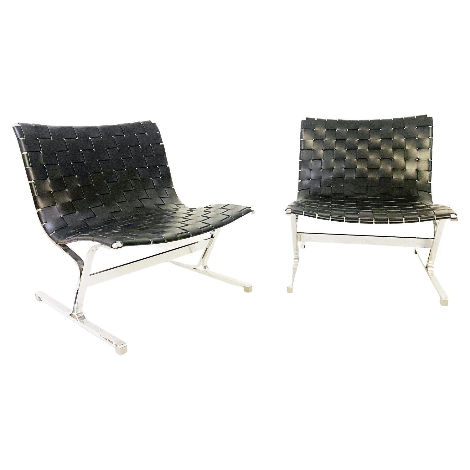 Mid-Century Pair of Lounge Chairs by Ross Littell for ICF, Black Leather, Italy For Sale