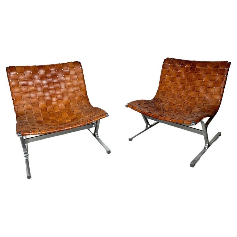 Paire de chaises longues du milieu du siècle par Ross Littell pour ICF, cuir cognac, Italie, années 1970