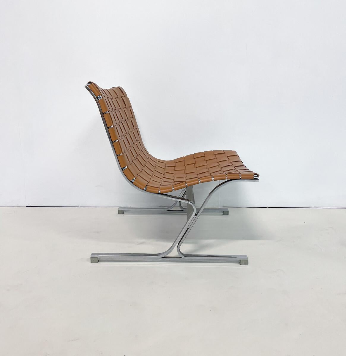 Italian Midcentury Pair of Lounge Chairs by Ross Littell for ICF, Cognac Leather, Italy