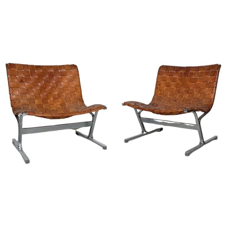 Mid-Century Modern Mid-Century Pair of Lounge Chairs by Ross Littell for ICF, Cognac Leather, Italy For Sale