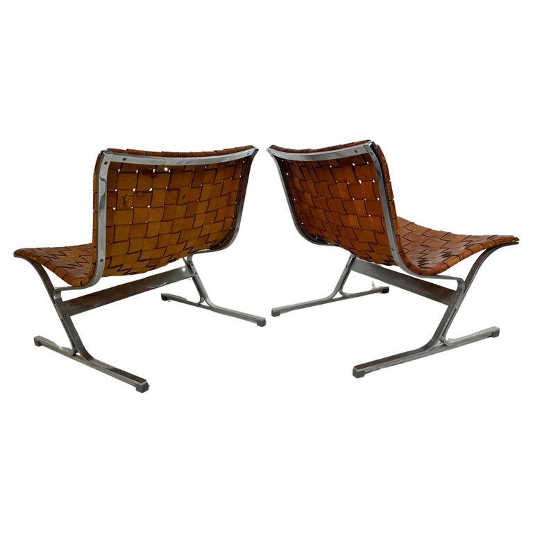 italien Paire de fauteuils de salon du milieu du siècle dernier de Ross Littell pour ICF, cuir cognac, Italie en vente