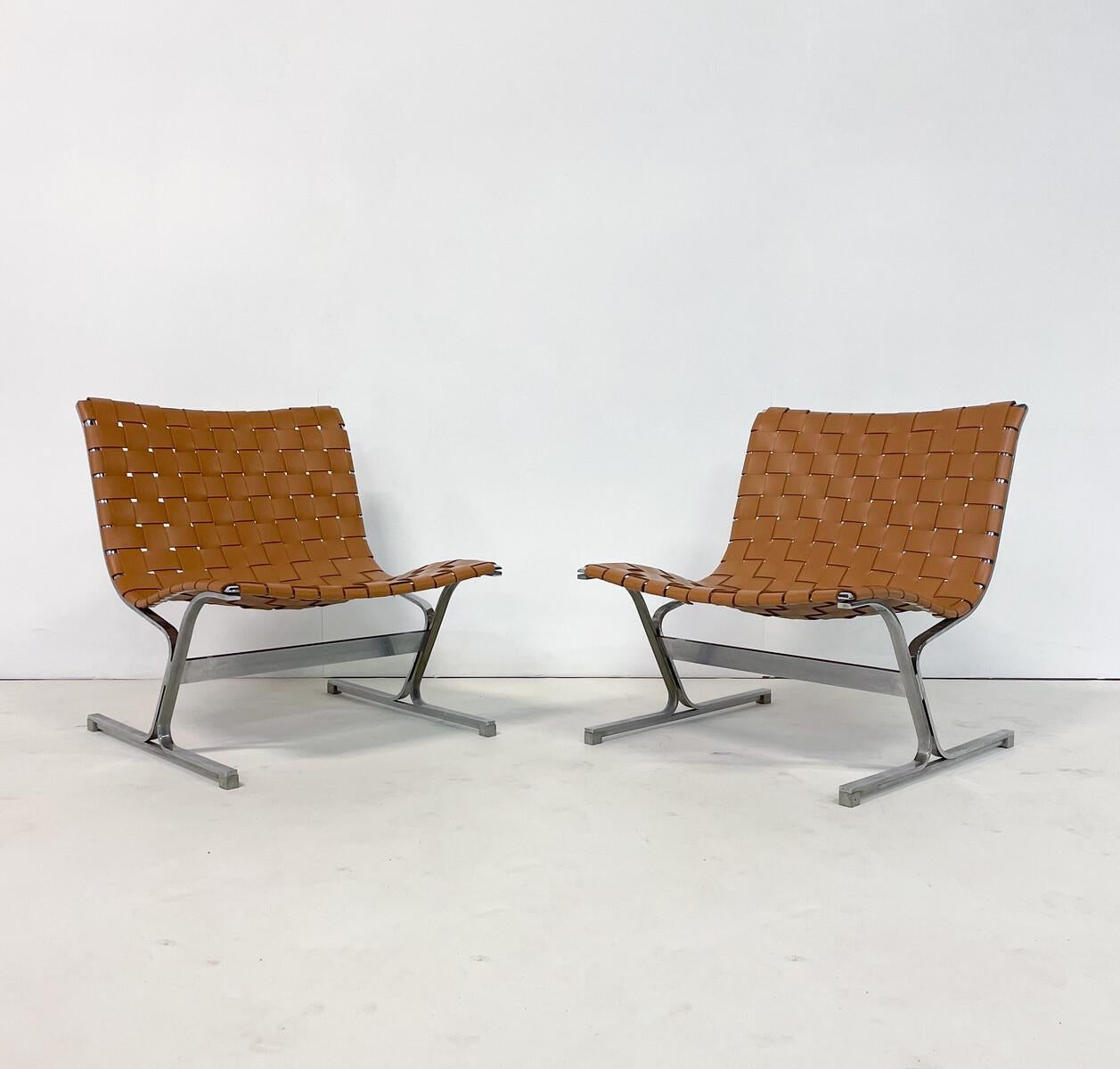 Late 20th Century Midcentury Pair of Lounge Chairs by Ross Littell for ICF, Cognac Leather, Italy