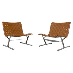 Midcentury Pair of Lounge Chairs by Ross Littell for ICF, Cognac Leather, Italy