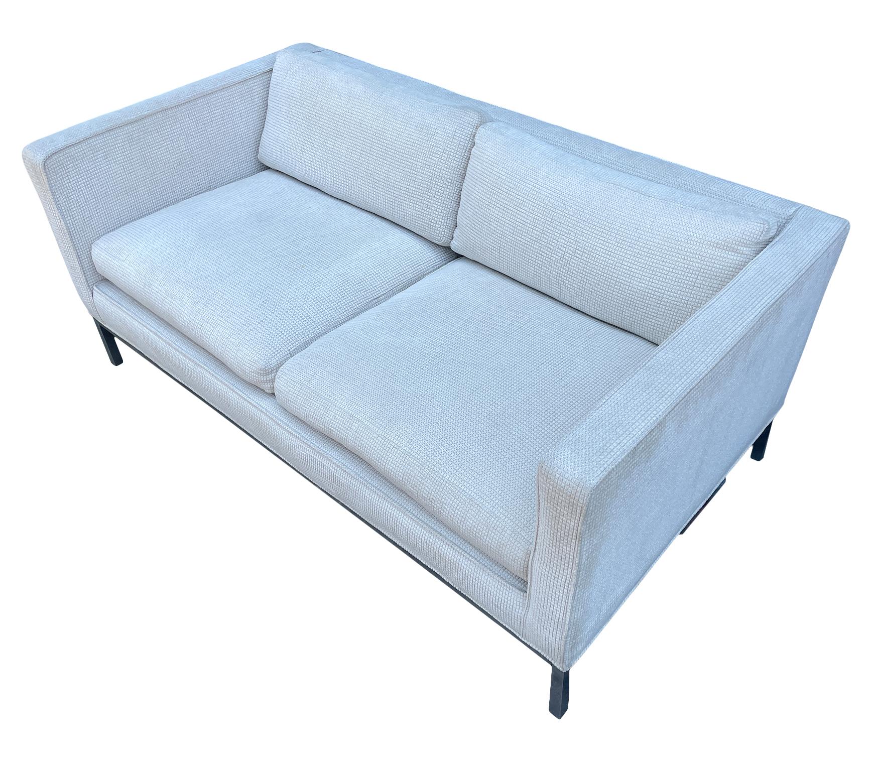 American Mid Century Pair of loveseat sofas white with aluminum frame by Erwin Lambeth