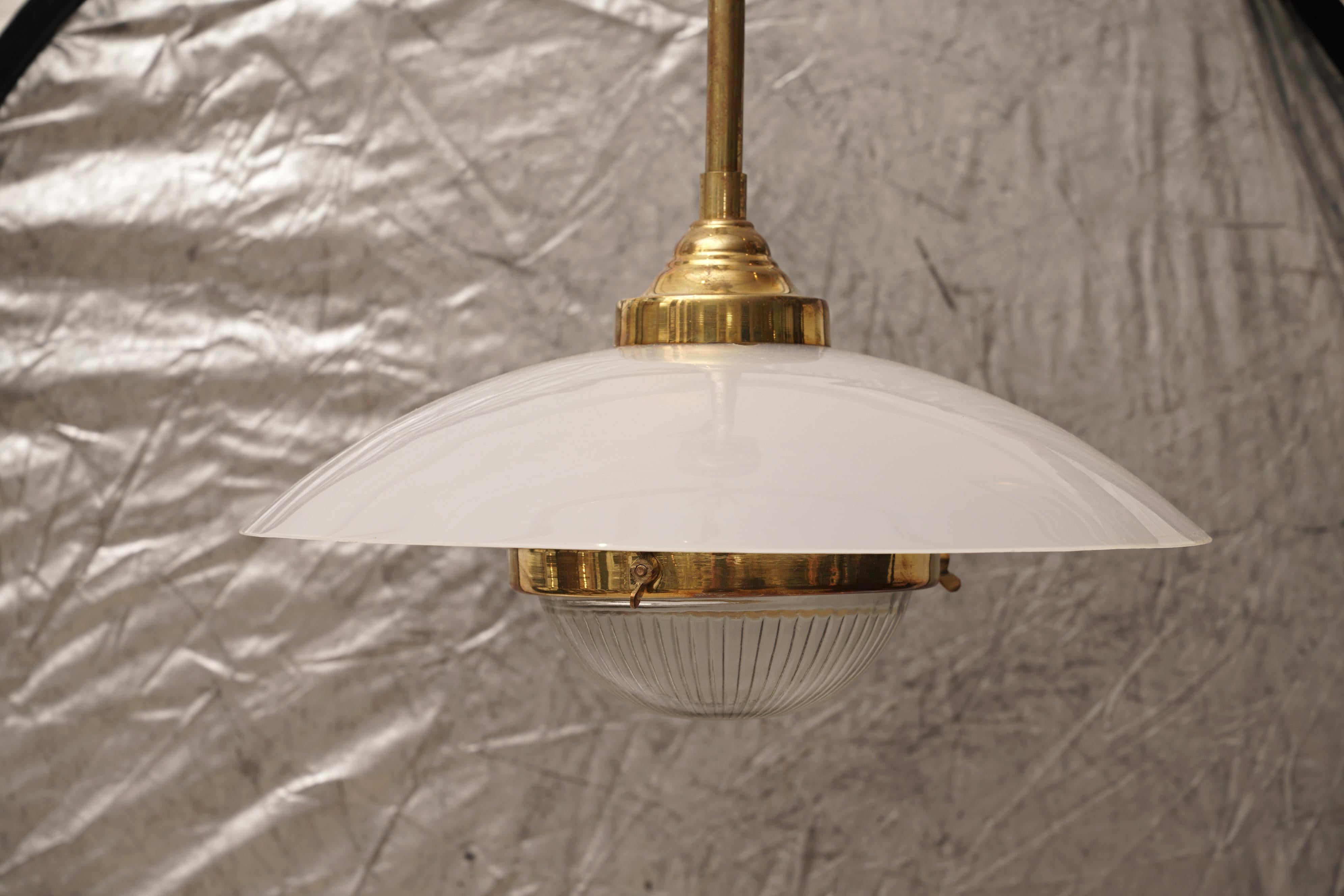 Mid-Century Modern Midcentury Pair of Lucite, Brass and Glass Pendant Lights