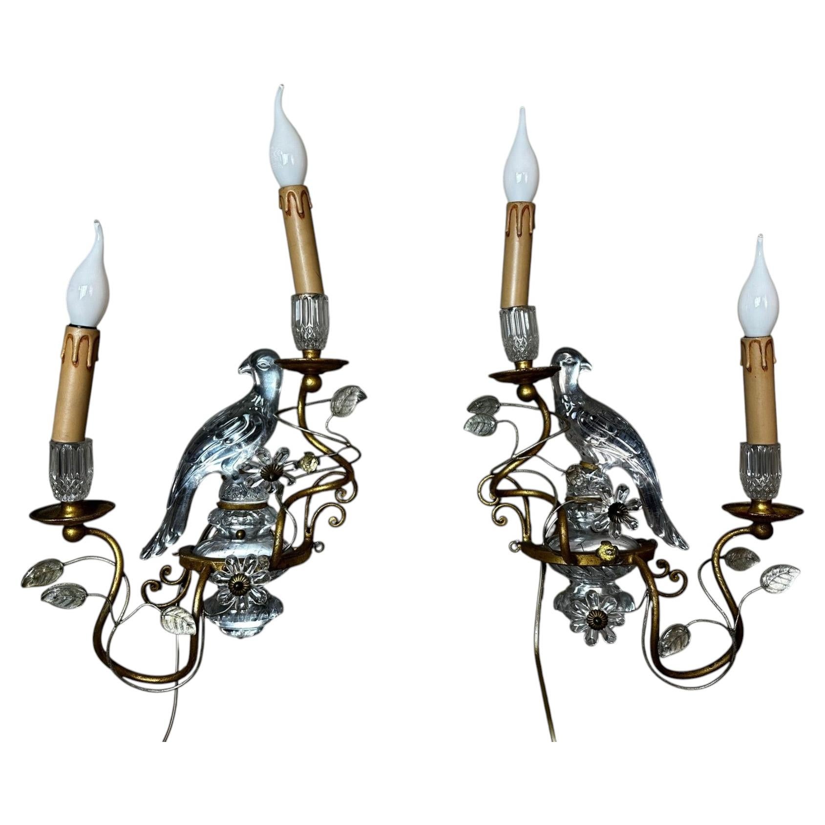 Mid-century Pair of Maison Bagues Style Crystal and Brass Wall Lights, 1950s