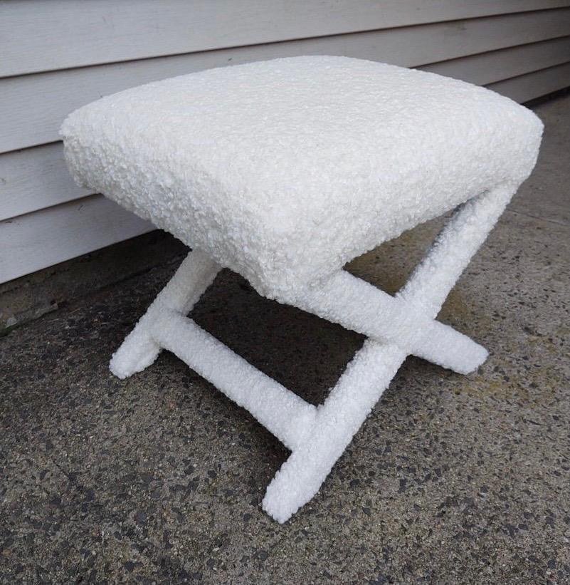 Mid-Century Modern Midcentury Pair of Matching Newly Upholstered in Bouclé Fabric X Benches Stools