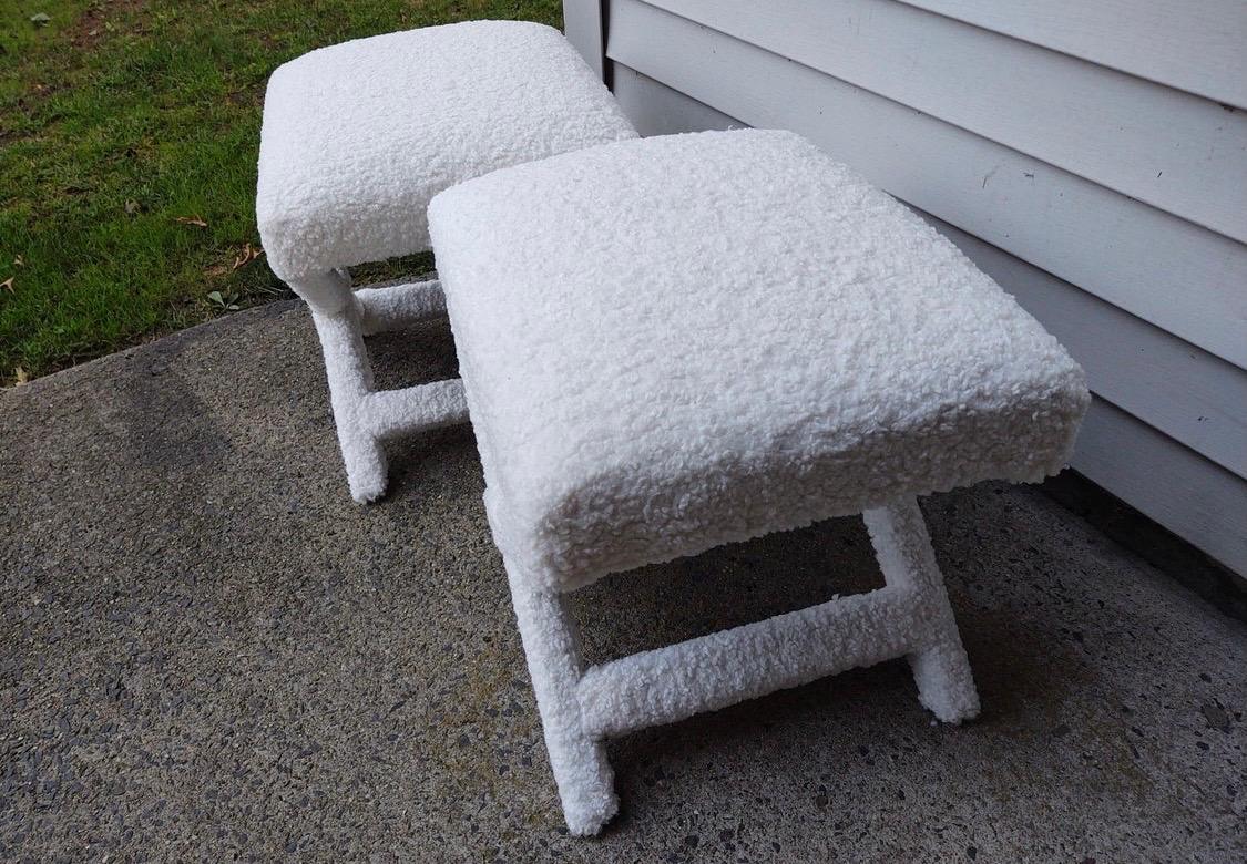 American Midcentury Pair of Matching Newly Upholstered in Bouclé Fabric X Benches Stools