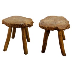 Mid-Century Pair of Milking Stools Carved in Oak Wood, French