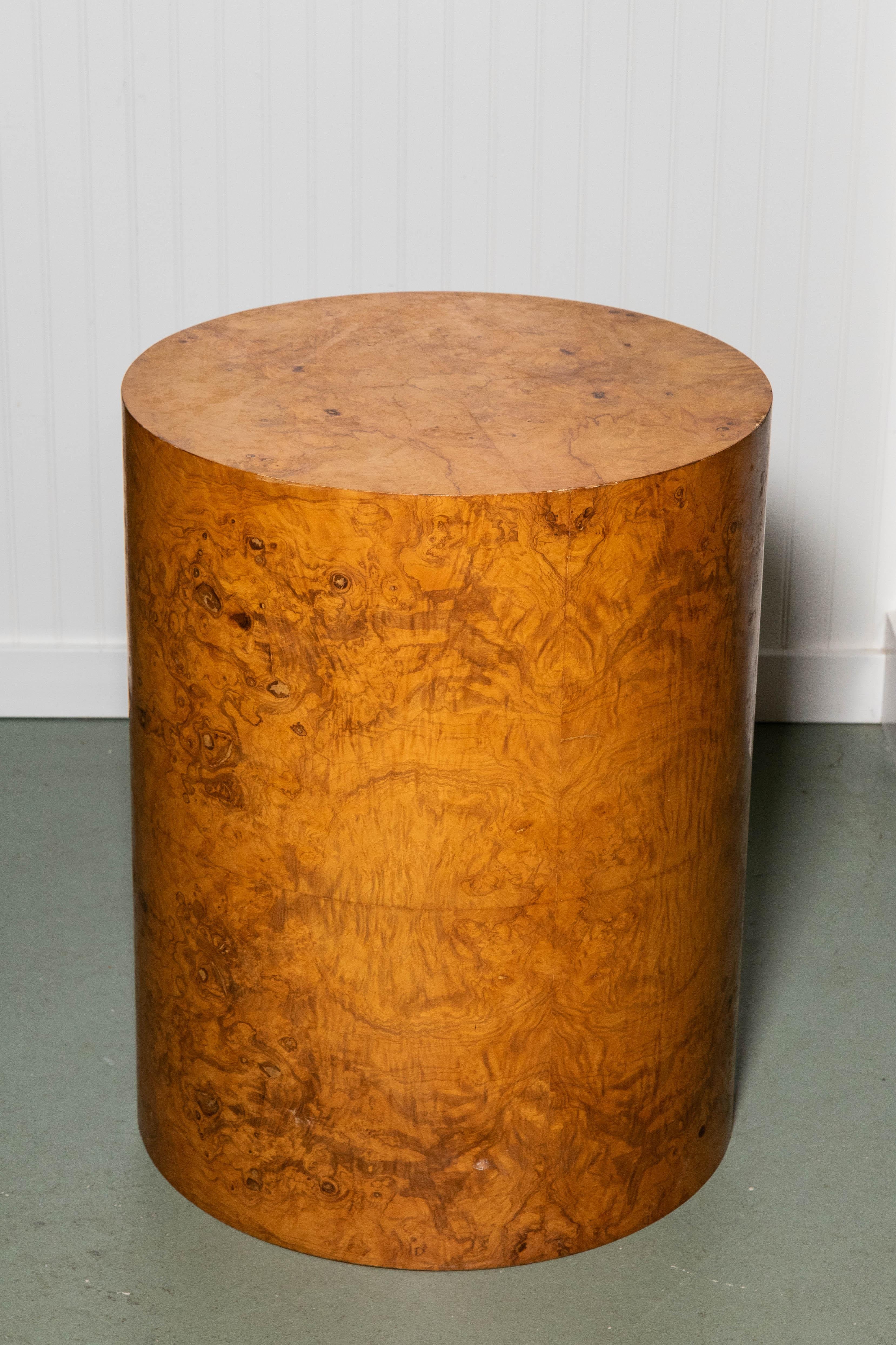 Pair of Milo Baughman drum tables in bird's-eye maple veneer for Thayer Coggin with original label. Original label on bottom.
