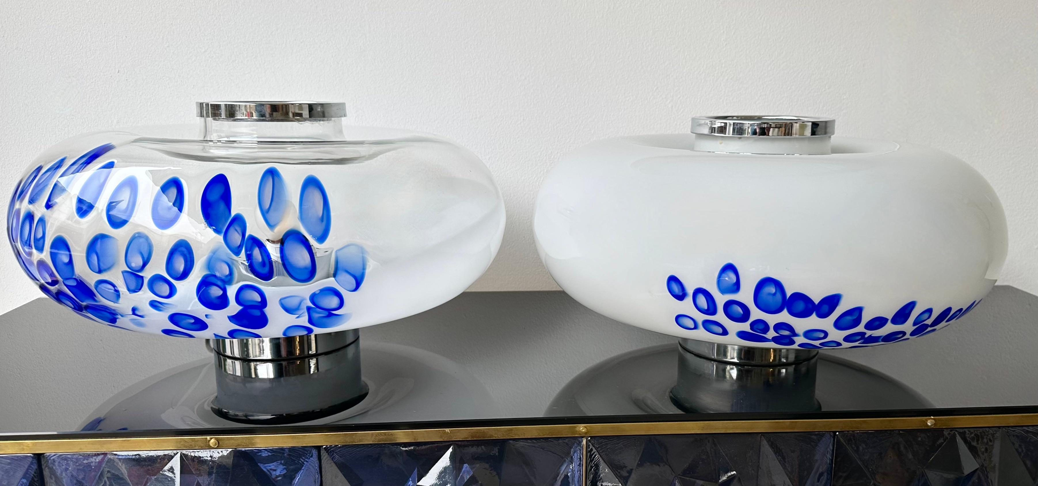 Chrome Midcentury Pair of Murano Glass and Metal UFO Lamps by Esperia, Italy, 1970s For Sale