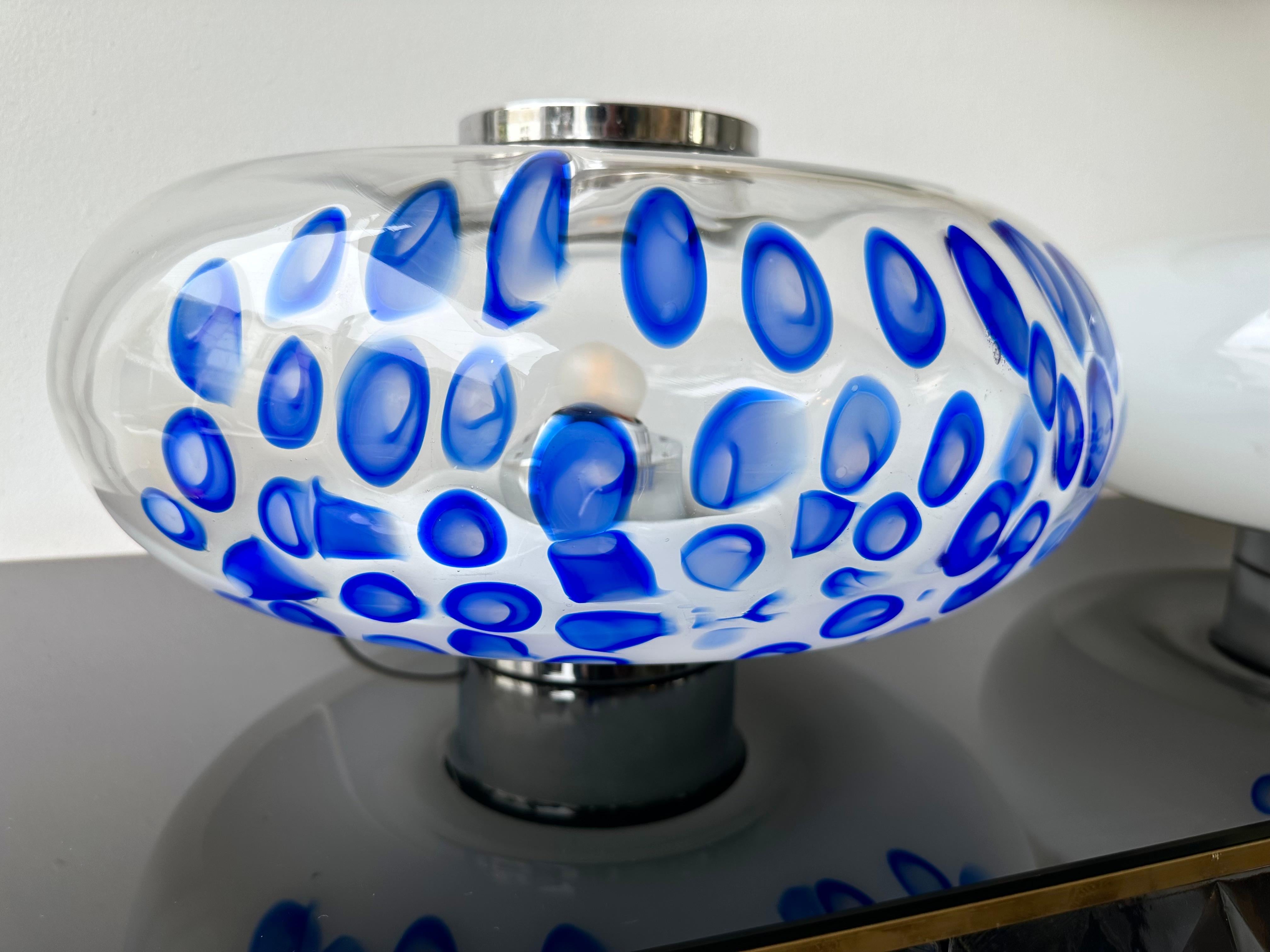Midcentury Pair of Murano Glass and Metal UFO Lamps by Esperia, Italy, 1970s For Sale 2