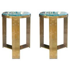 Mid-Century Pair of Murano Glass Tables with Art Deco Brass Bases