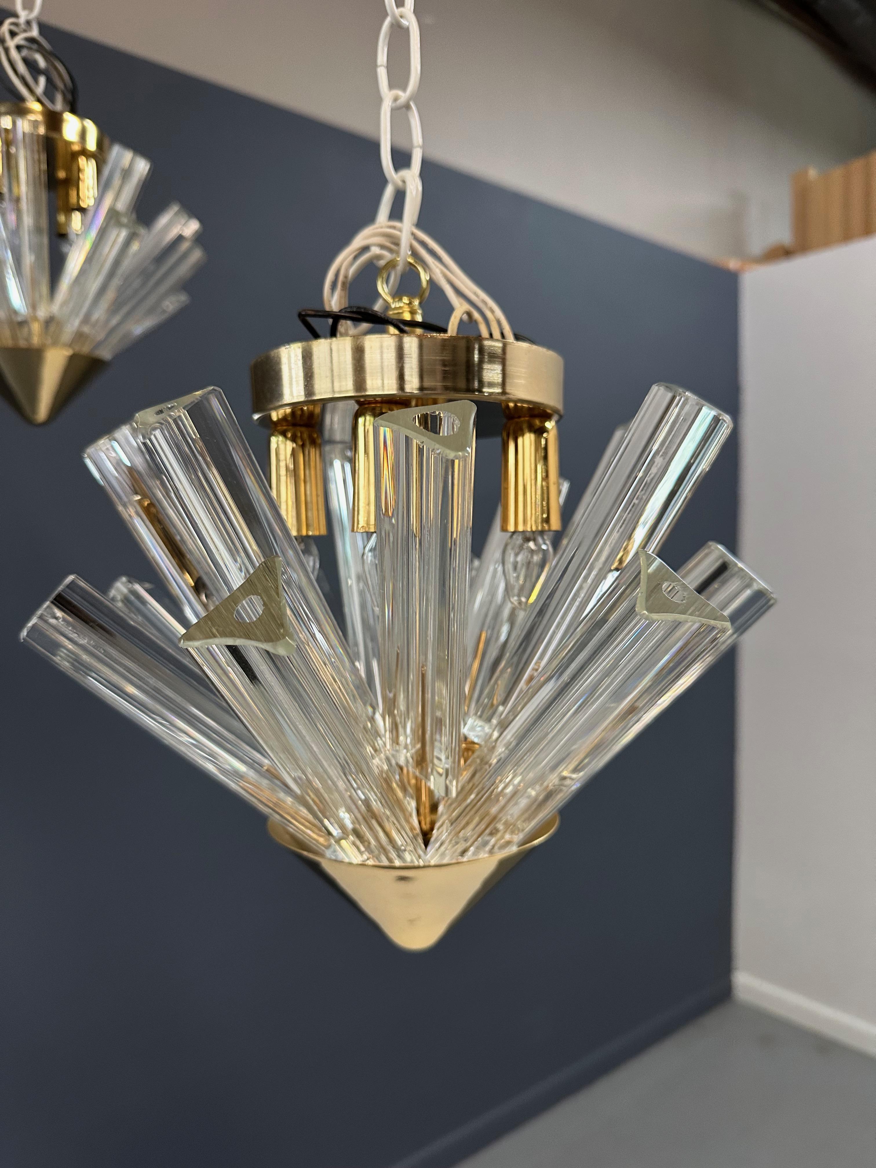 Mid-Century Modern Mid Century Pair of Murano Glass Triedri & Glass Flushmount Pendant For Sale