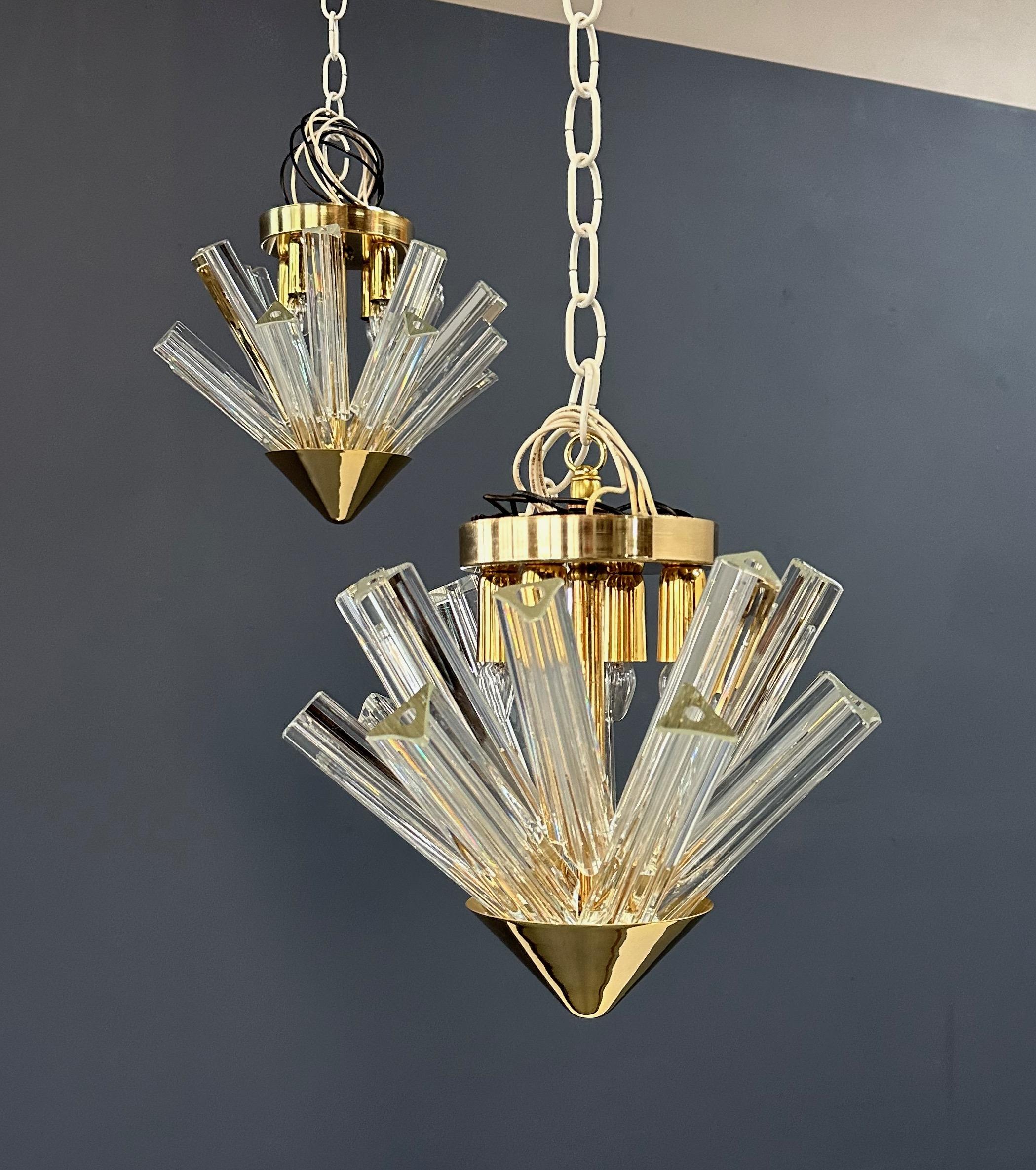 European Mid Century Pair of Murano Glass Triedri & Glass Flushmount Pendant For Sale