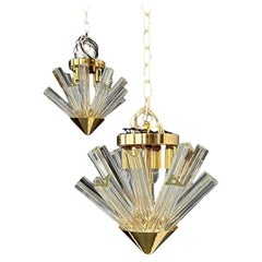 Mid Century Pair of Murano Glass Triedri & Glass Flushmount Pendant
