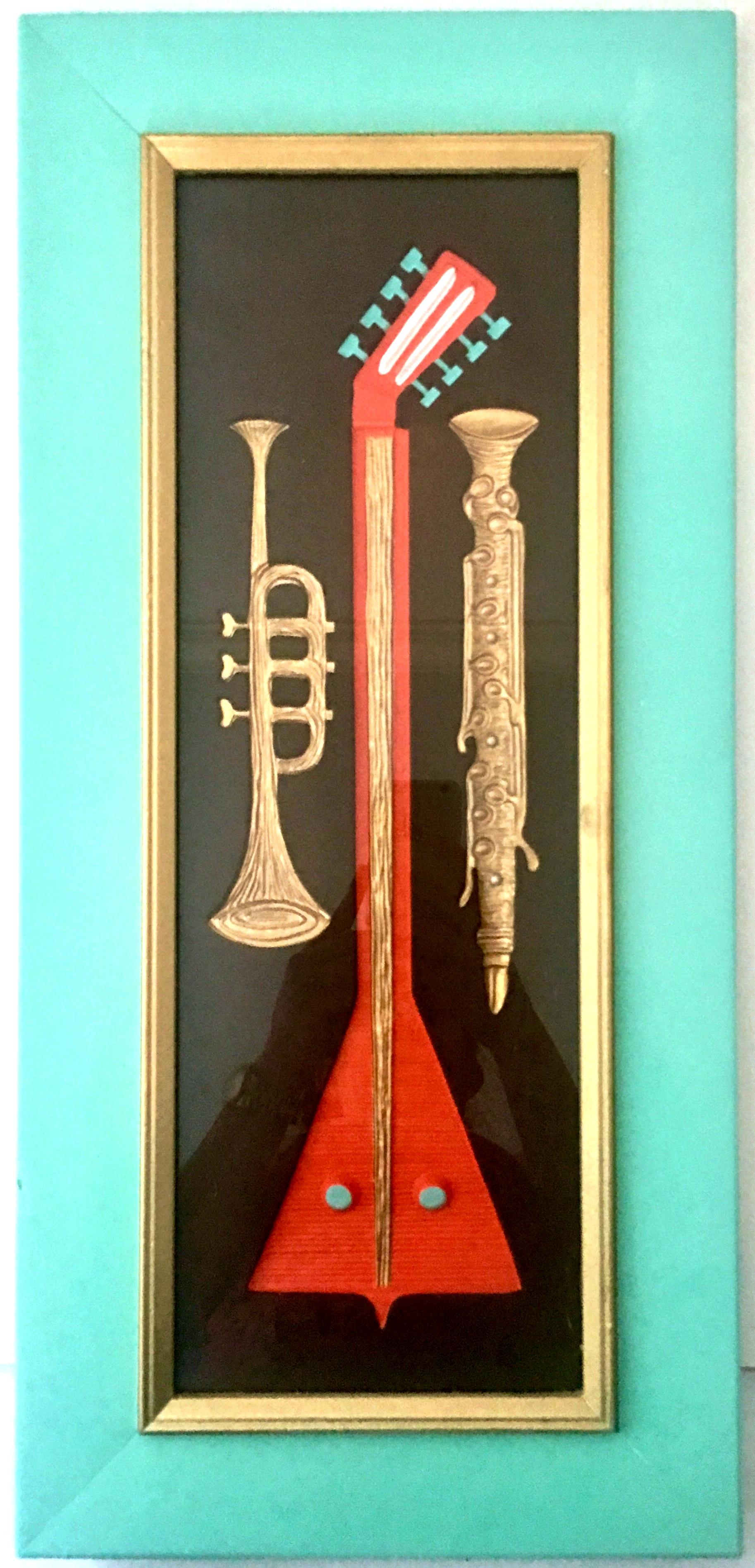 Mid-Century Modern Midcentury Pair of Musical Instrument Shadow Box Painted Art by, Turner