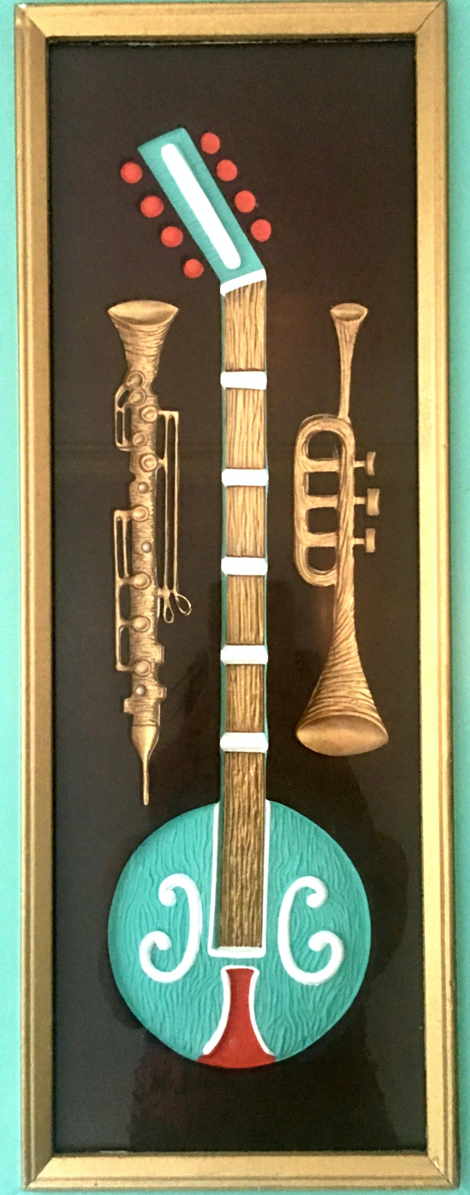 American Midcentury Pair of Musical Instrument Shadow Box Painted Art by, Turner