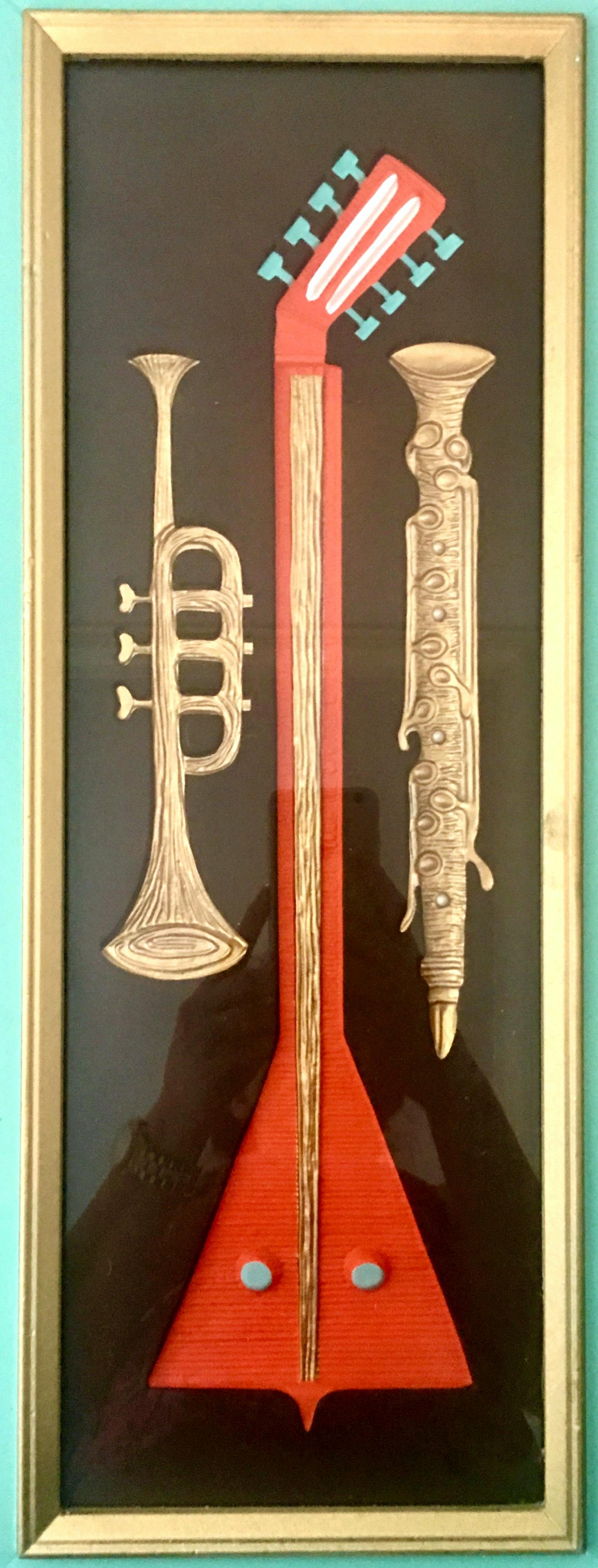 Hand-Crafted Midcentury Pair of Musical Instrument Shadow Box Painted Art by, Turner