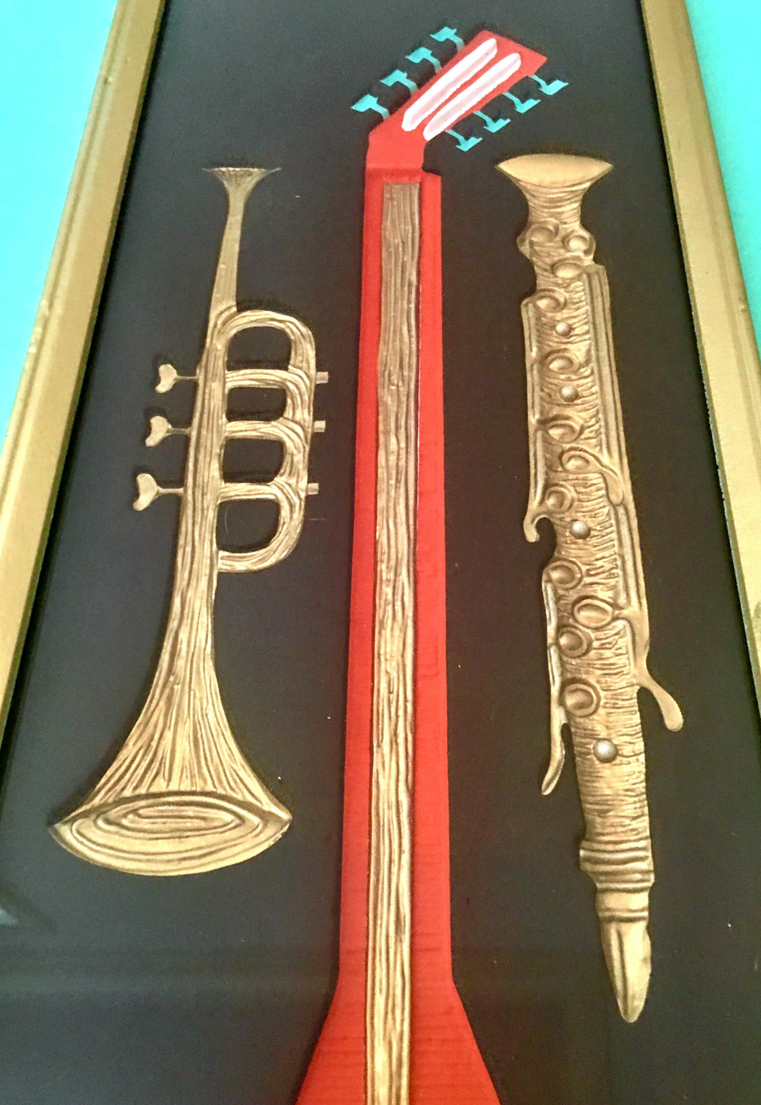 Midcentury Pair of Musical Instrument Shadow Box Painted Art by, Turner In Good Condition In West Palm Beach, FL