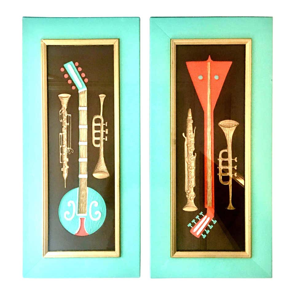 Mid century modern painting musical instruments