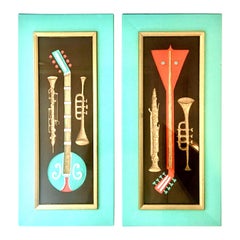 Midcentury Pair of Musical Instrument Shadow Box Painted Art by, Turner