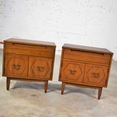 Midcentury Pair of Nightstands or End Tables Hexagon Paneled Design Brass Pulls