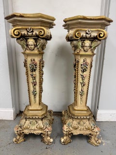 Mid Century Pair of Ornate Decorative Pedestals with Cherubs, Flowers, Onyx Tops