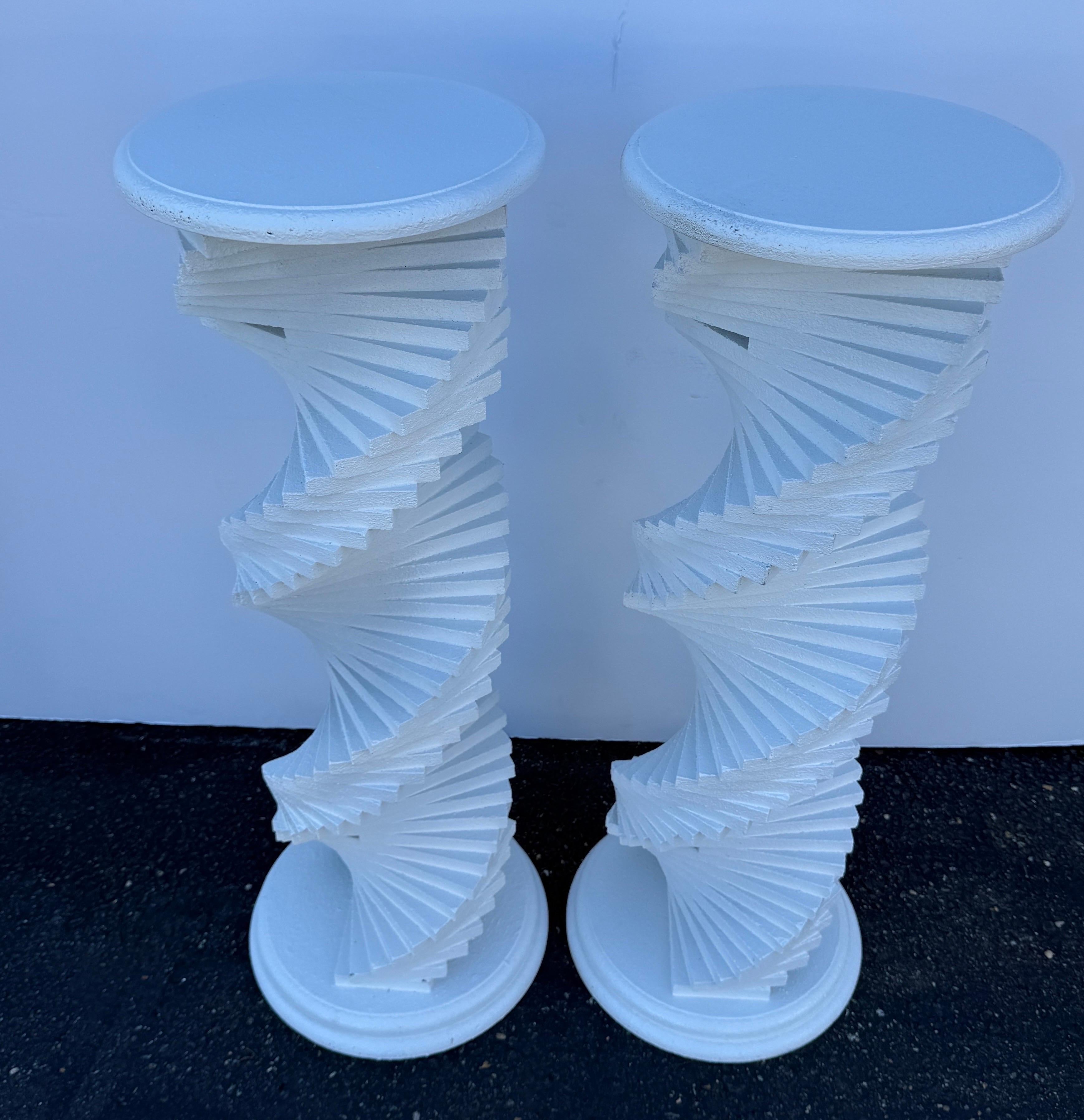 Bring a touch of classical or modern architecture with unbeatable patina into your home with these  impressive spiral, stacked white painted pedestals. Wonderful addition to any home, red brick loft apartment, or retail setting, such as a gallery