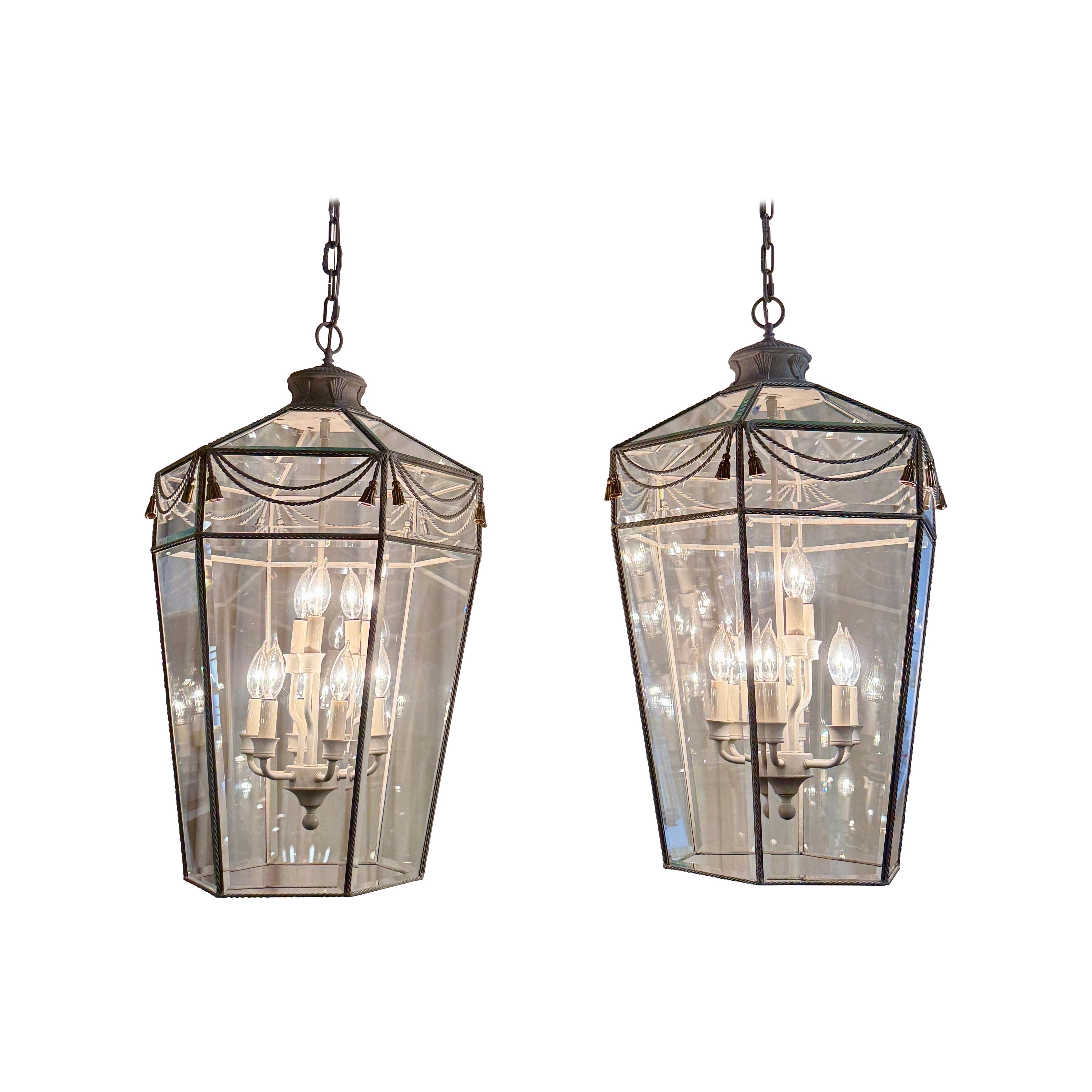 Mid-Century Pair of Palm Beach Regency 9-Light Hanging Lanterns For Sale